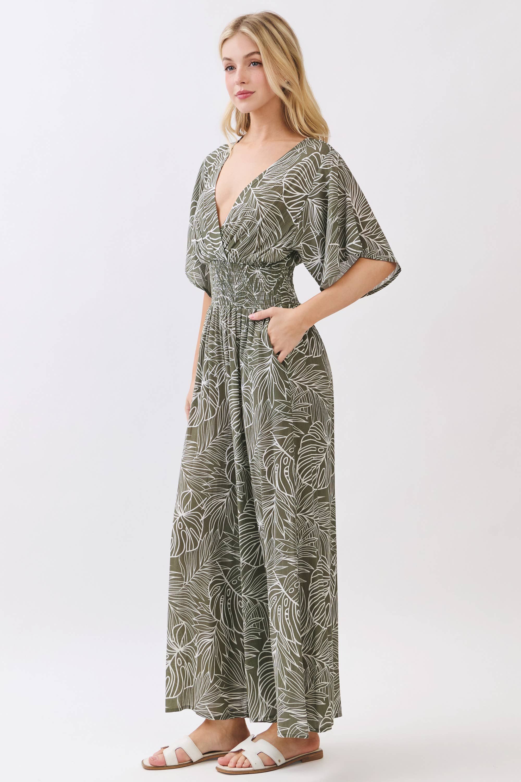 LEAF PRINT SURPLICE WIDE LEG JUMPSUIT