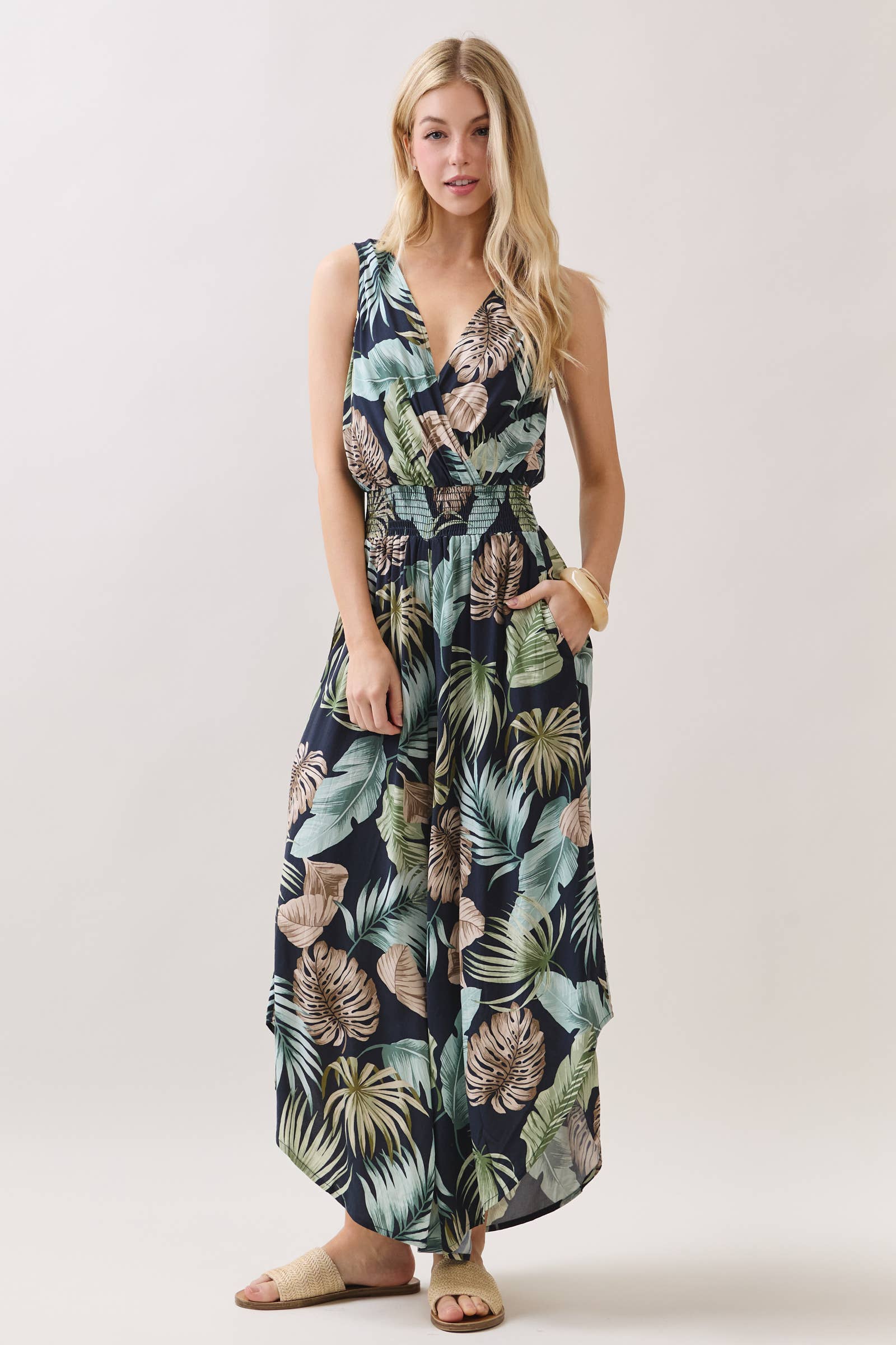Tropical Surplice Smock Waist Jumpsuit