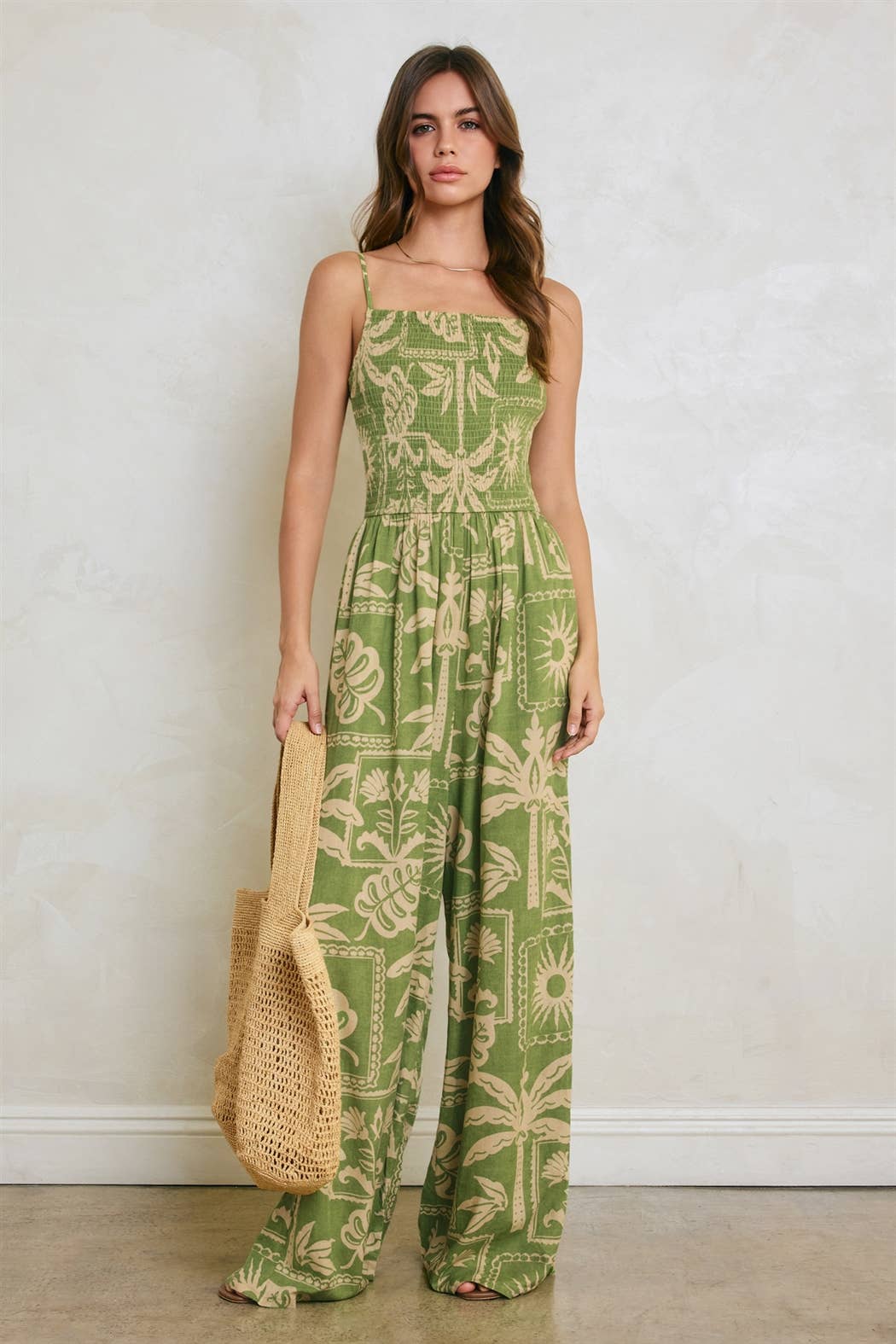 Tropical Conversational Smocked Wide Leg Jumpsuit