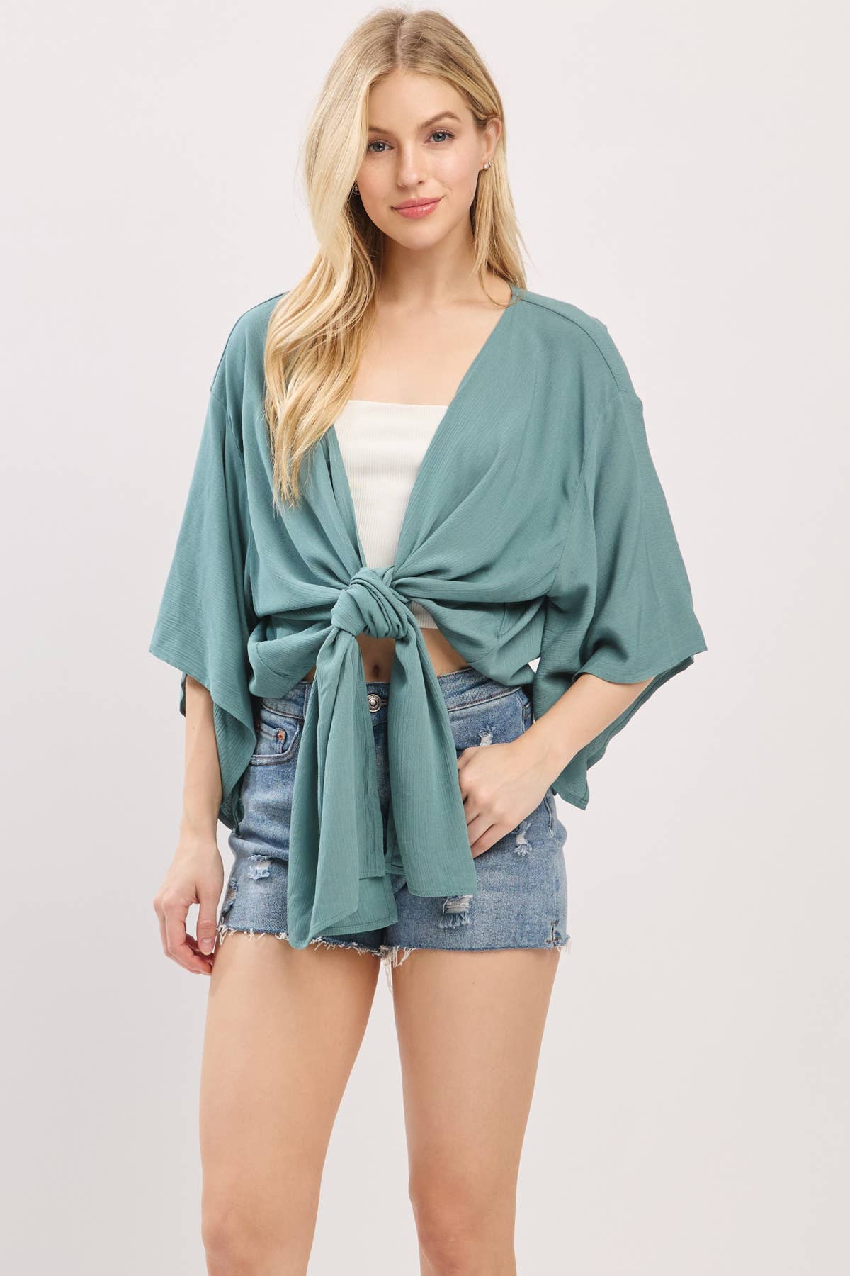 Solid Tie Front Kimono Cardigan