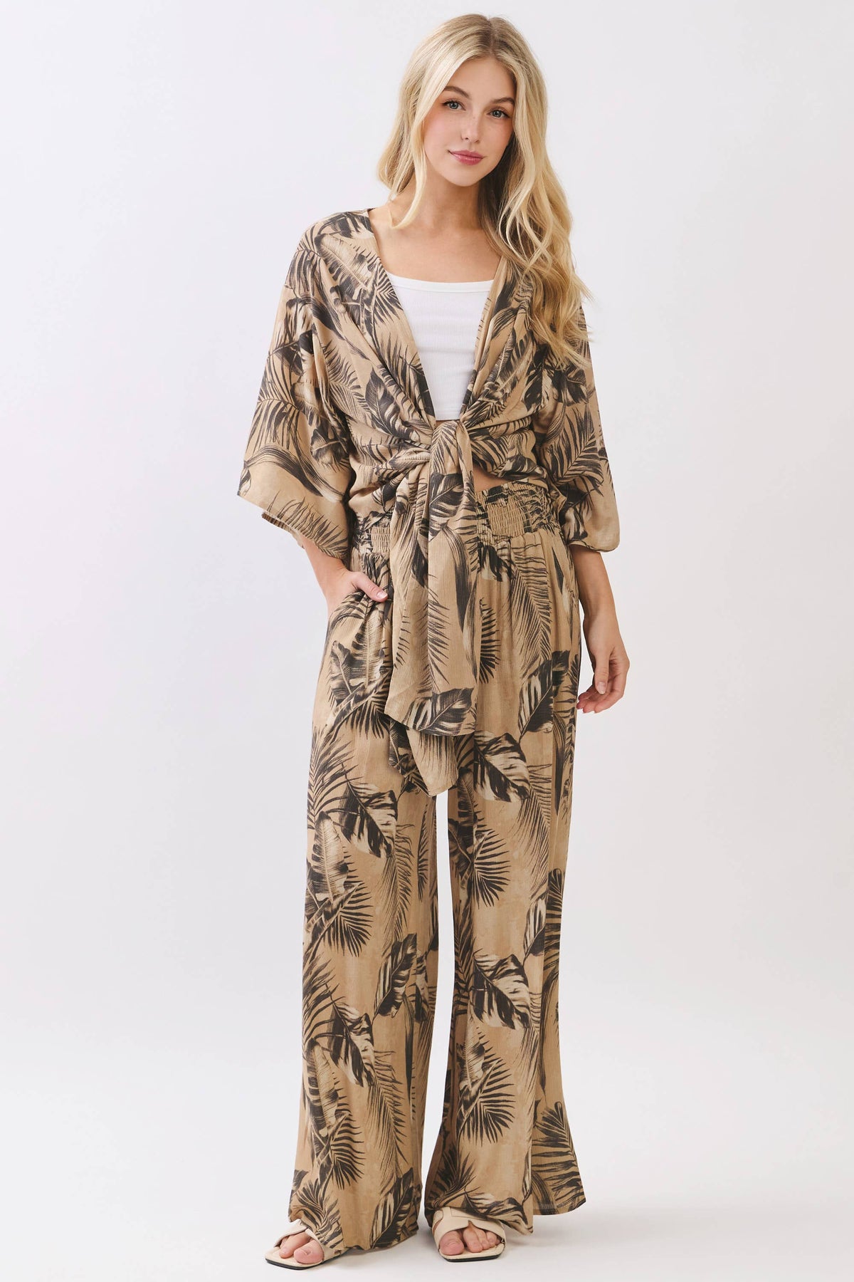 Leaf Print Smock Waist Pants