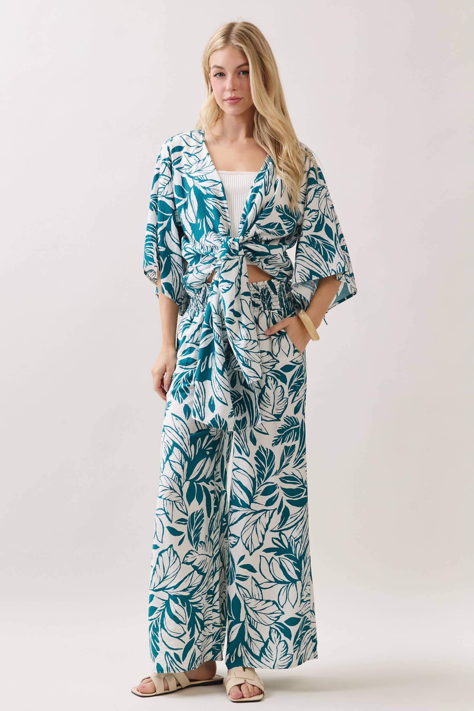 Leaf Print Smock Waist Pants