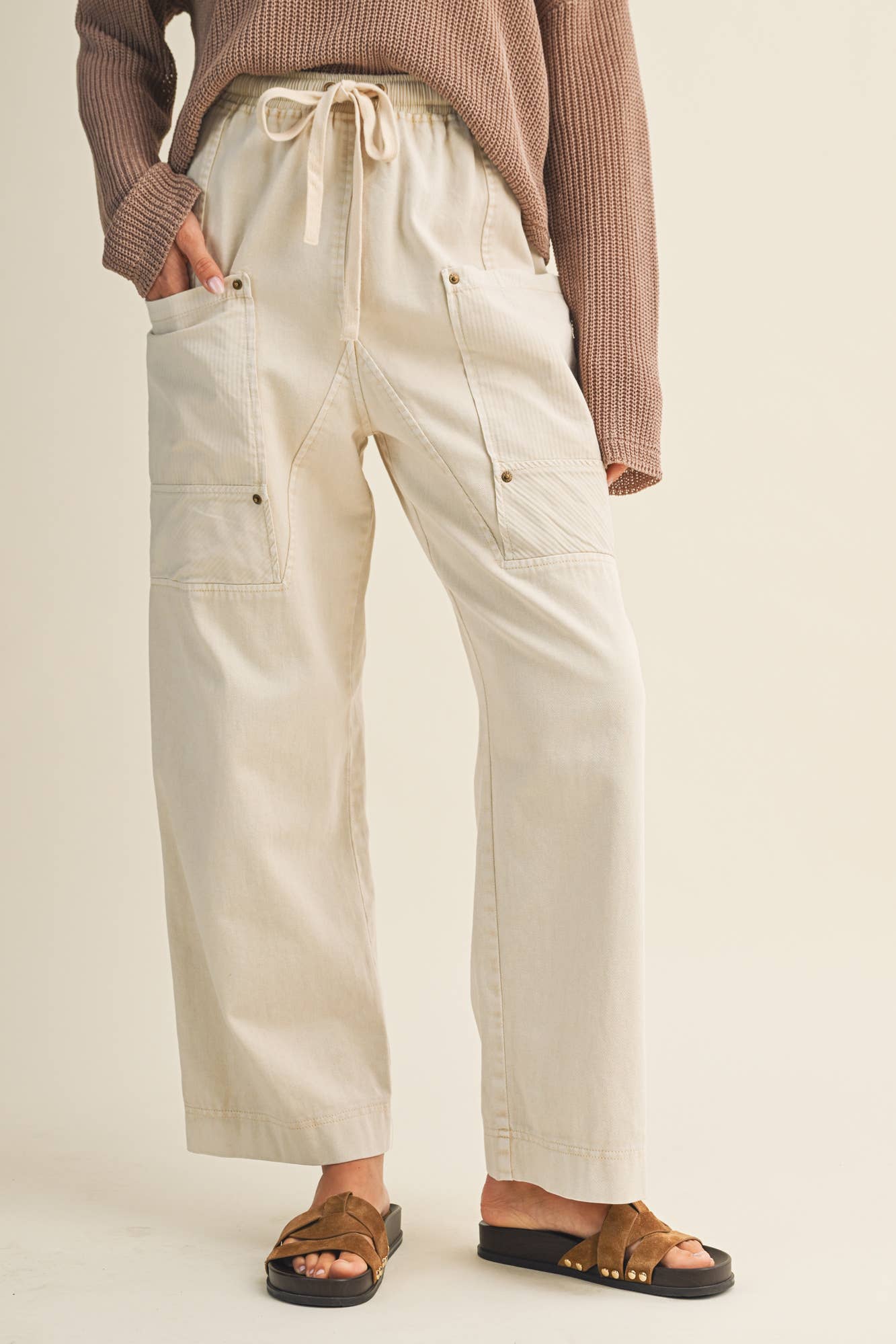 Drawstring Waist Wide Leg Utility Trouser