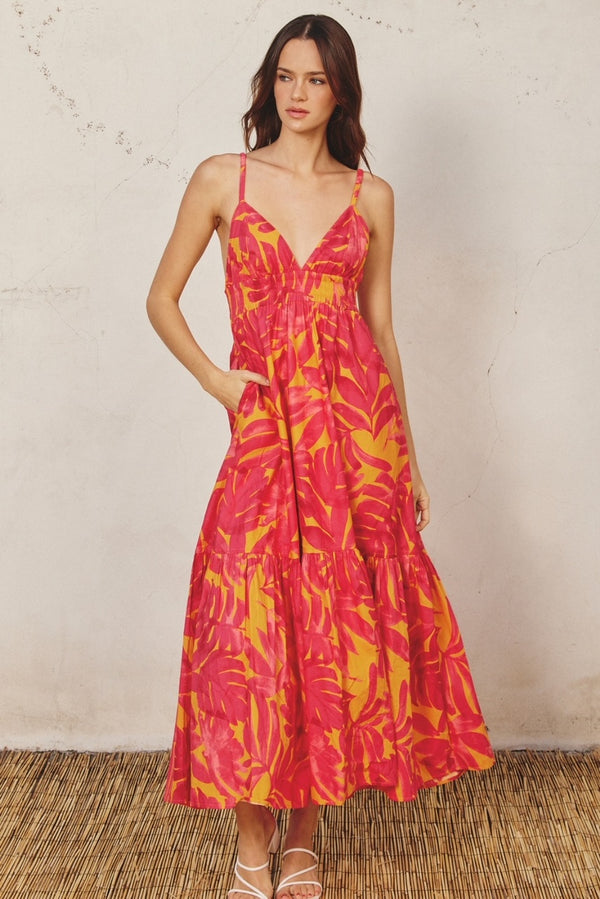 Contrast Tropical Print Midi Dress