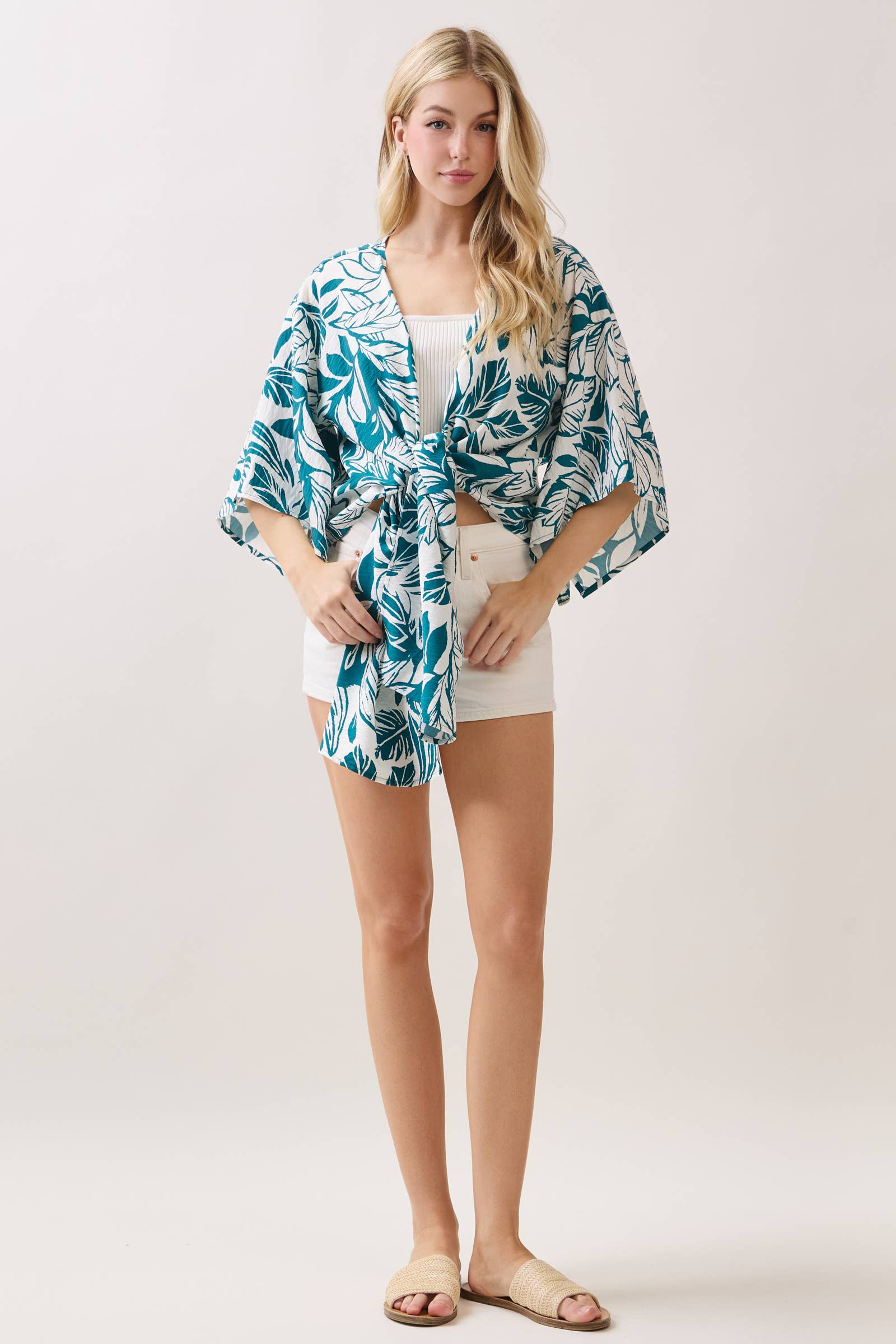Tropical Print 3/4 Sleeve Tie Front Top