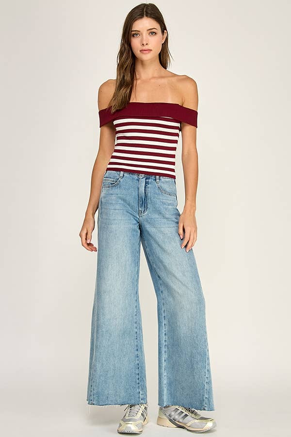OFF SHOULDER STRIPE KNIT TOP