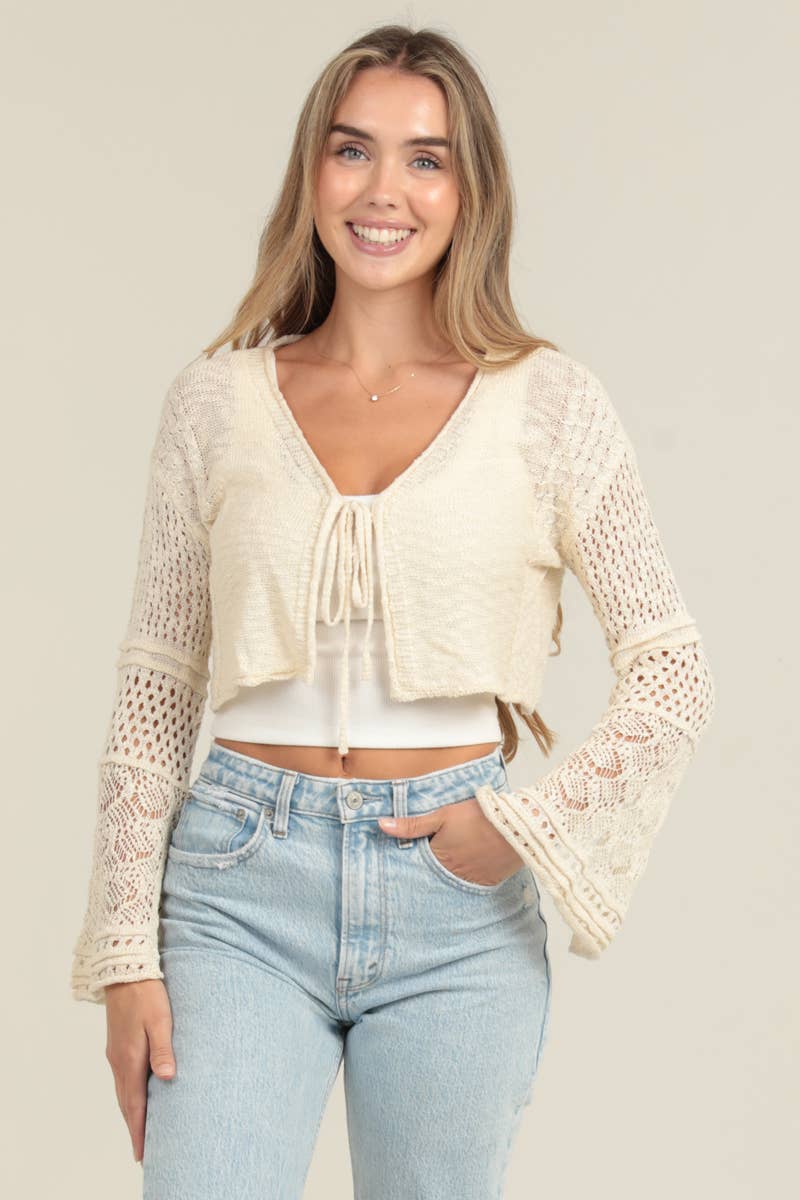 Crochet Flare Sleeve Tie Front Cardigan