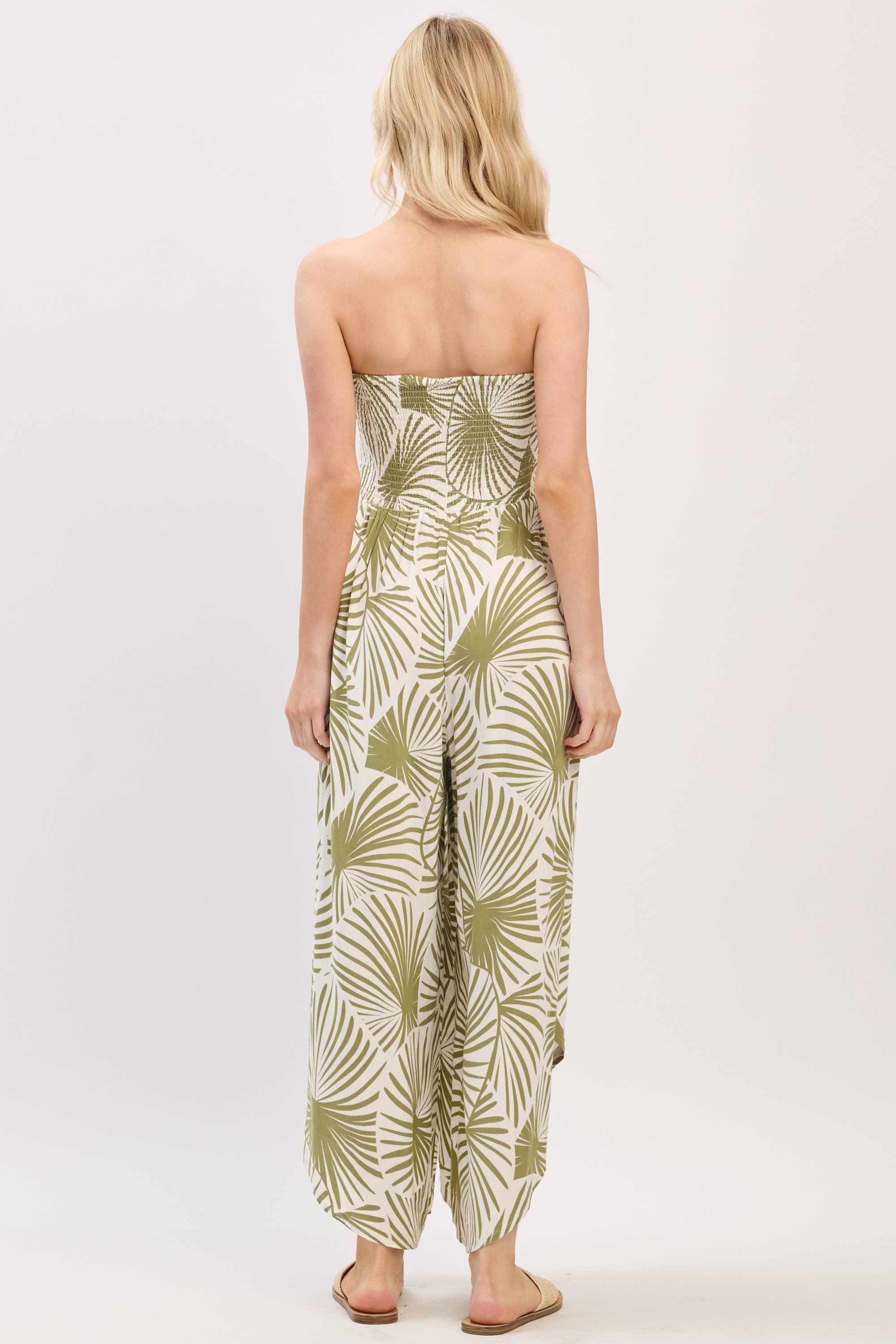 Palm Print Smocked Top and Wide Leg Jumpsuit