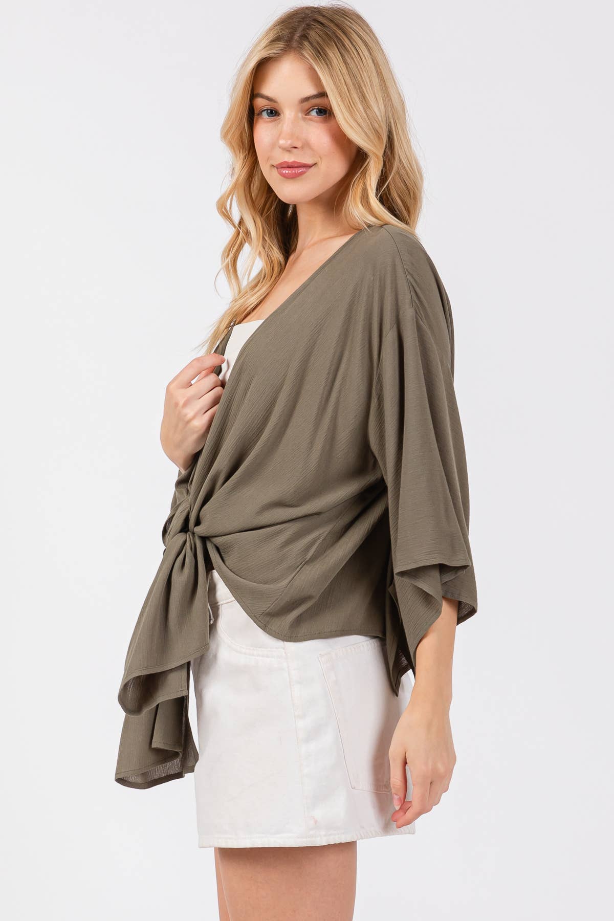 Solid Tie Front Kimono Cardigan