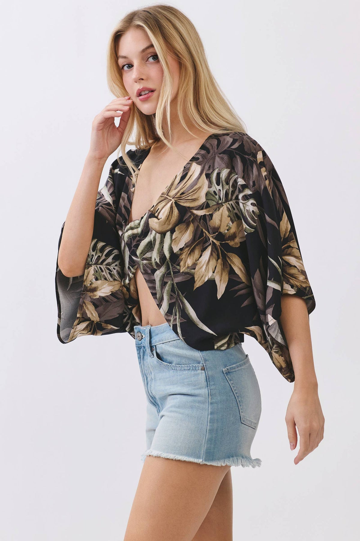 Monstera Twist Front Kimono Crop Top