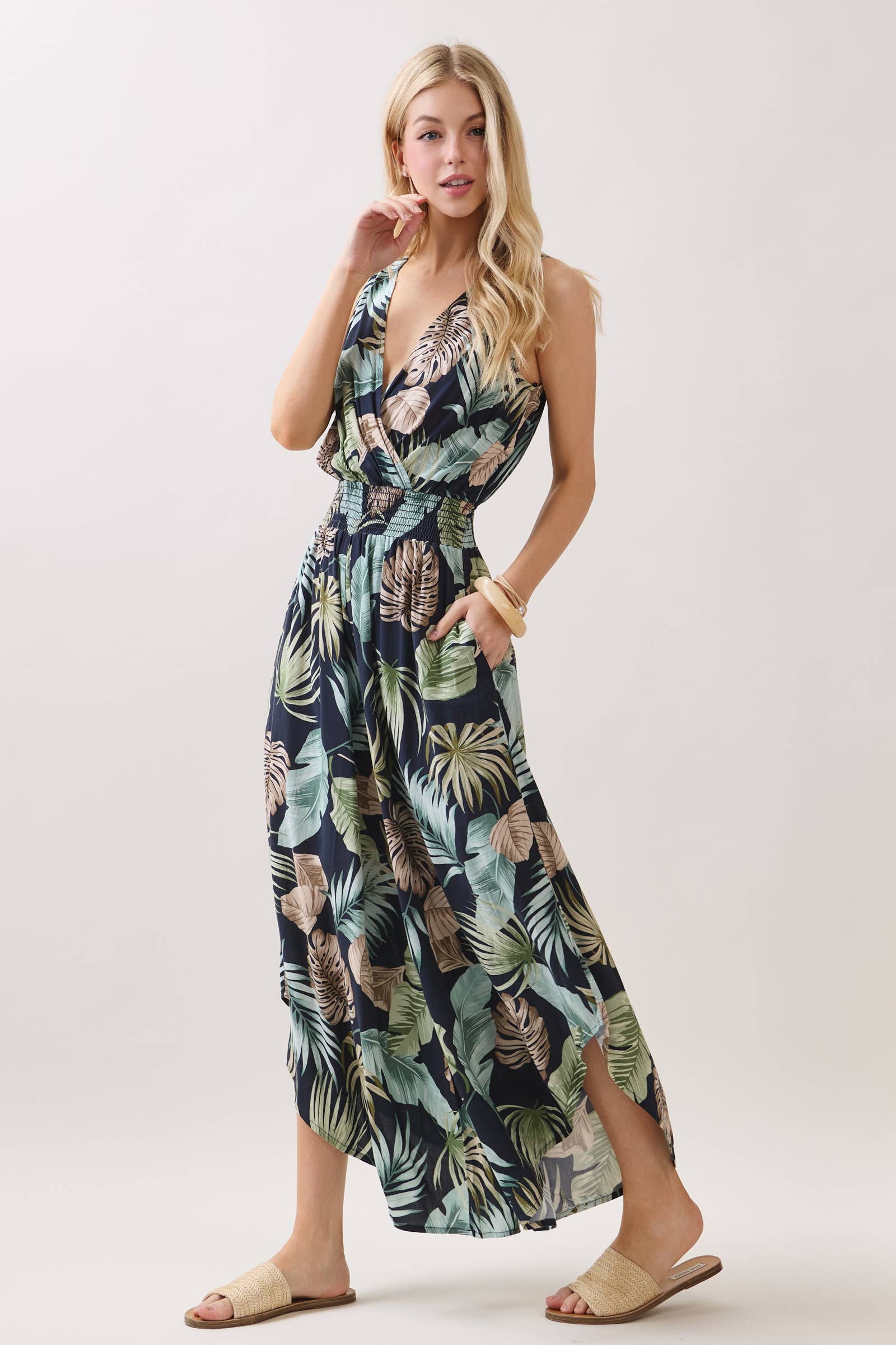 Tropical Surplice Smock Waist Jumpsuit