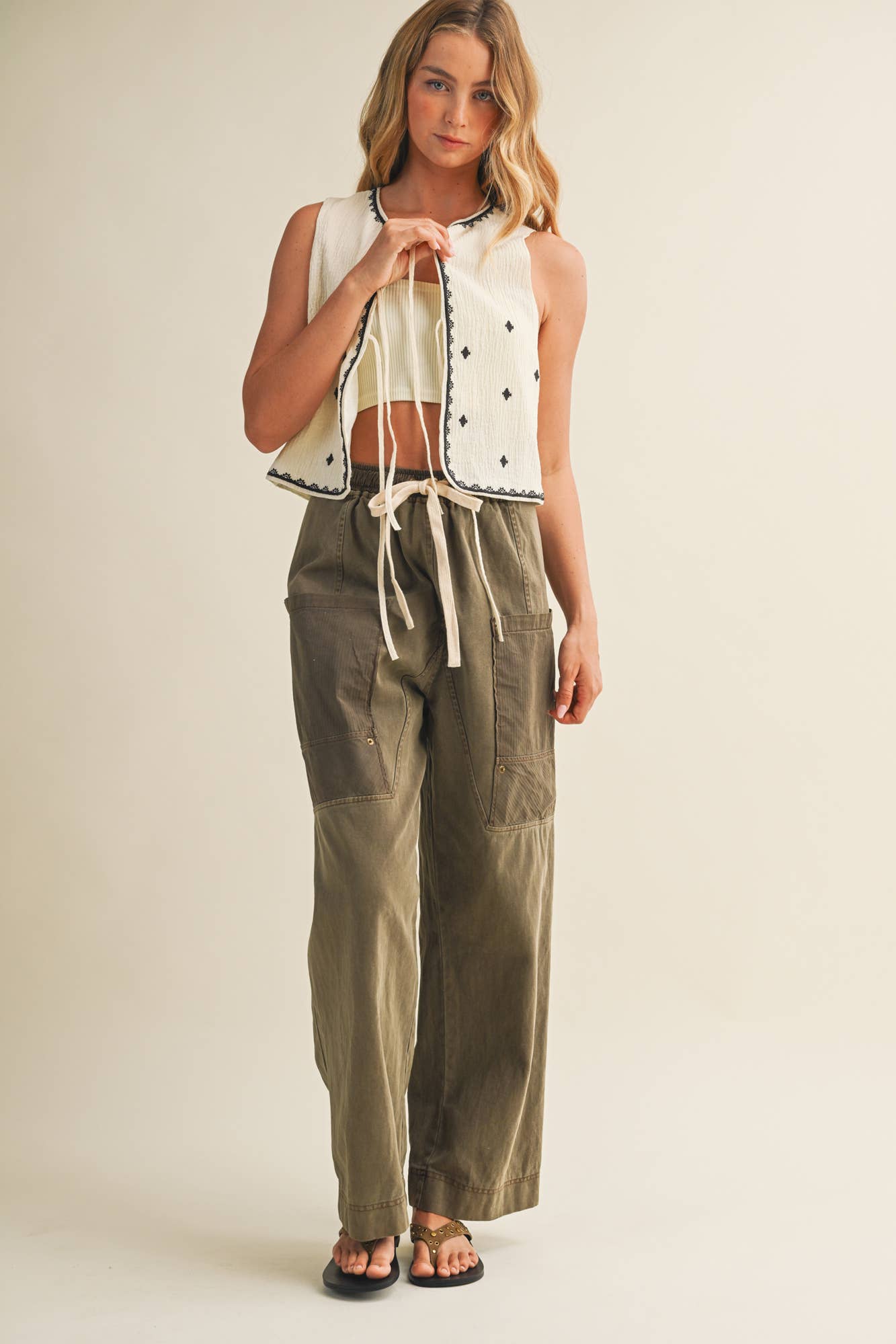 Drawstring Waist Wide Leg Utility Trouser