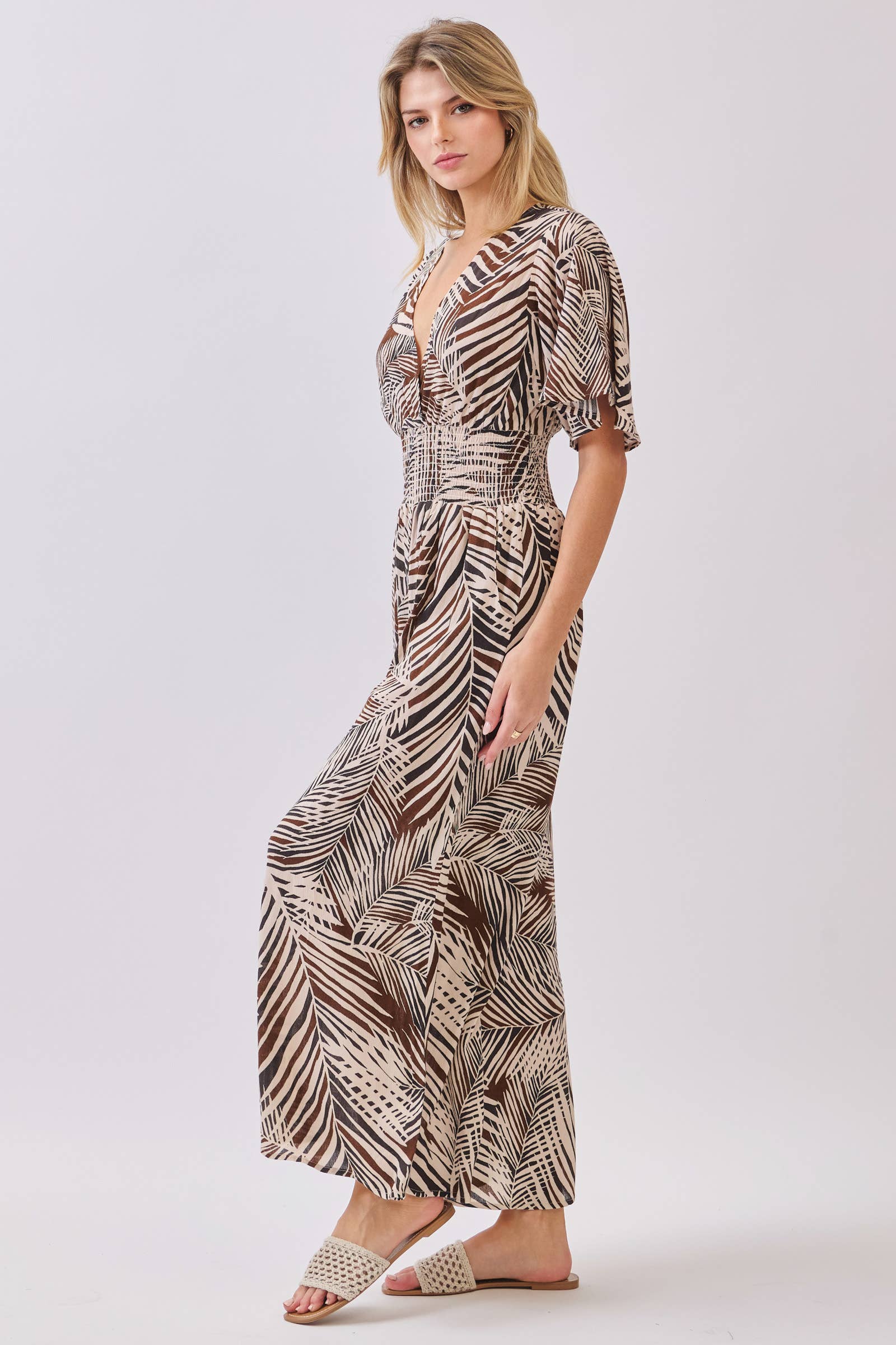 Tropical Print Surplice and Wide Leg Jumpsuit