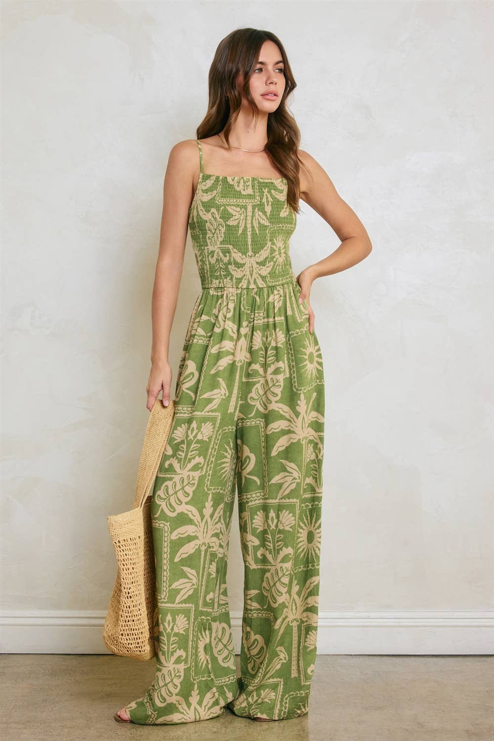 Tropical Conversational Smocked Wide Leg Jumpsuit