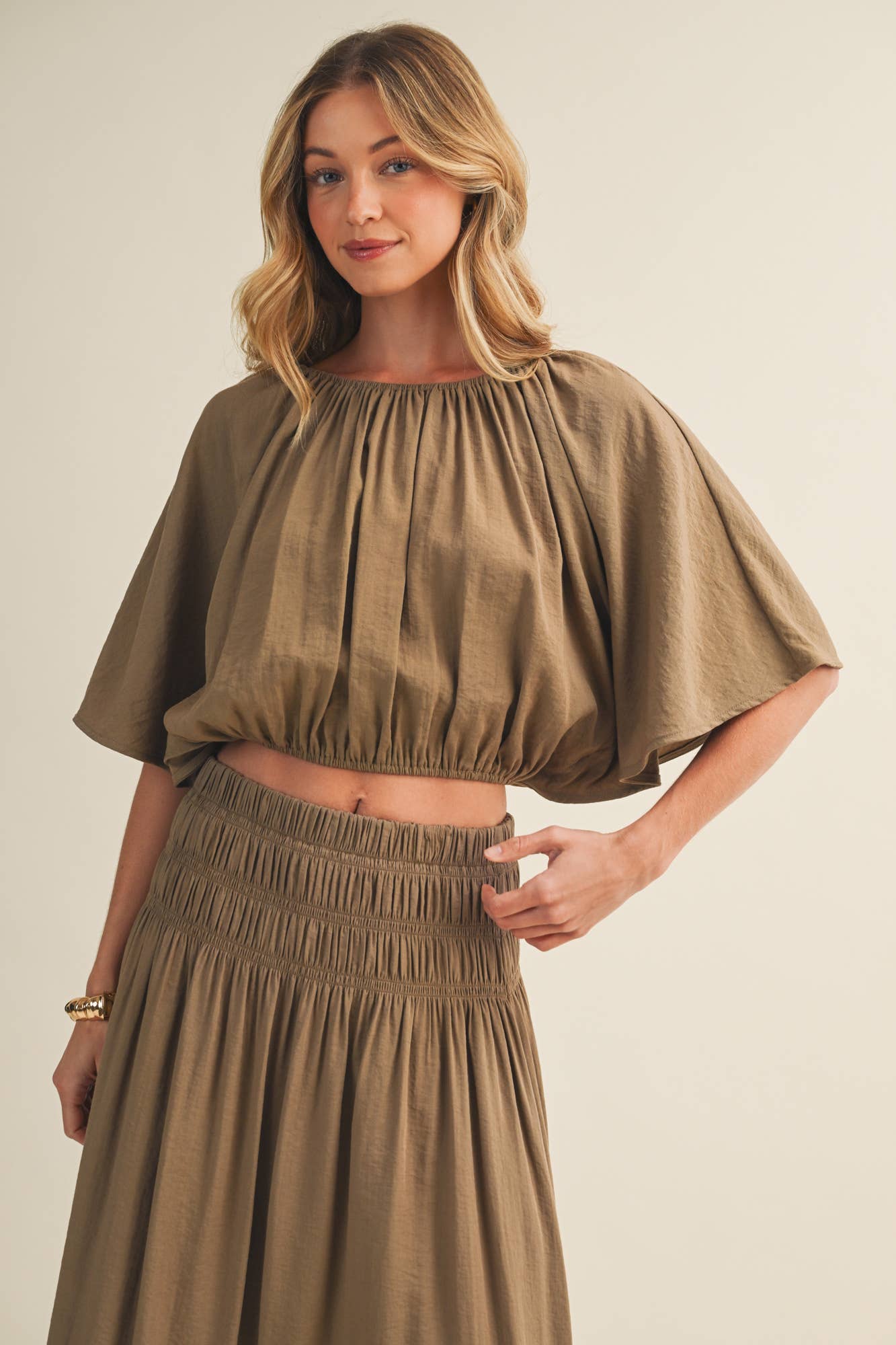 Shirred Waistband Voluminous Sleeve Blouse