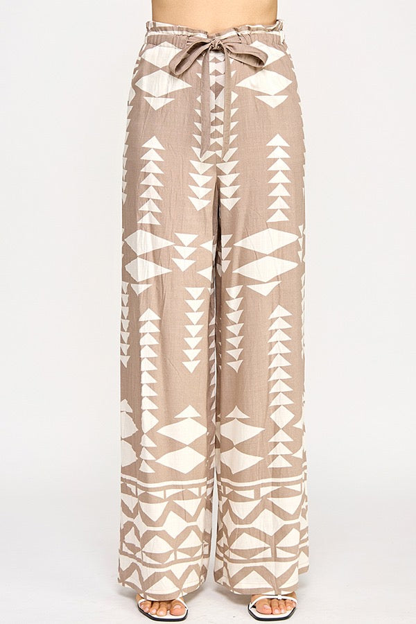 Border Print Tie Waist Pants