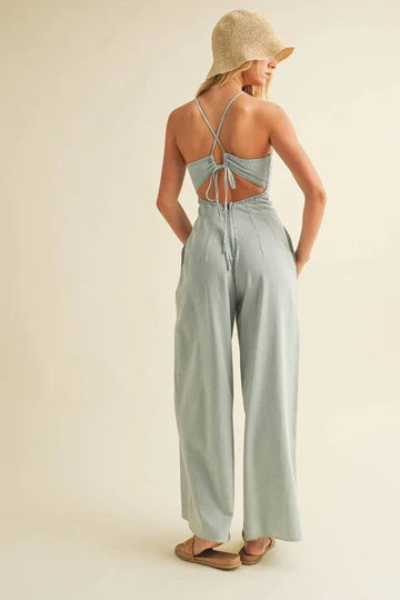 Denim Effect Tie Back Jumpsuit