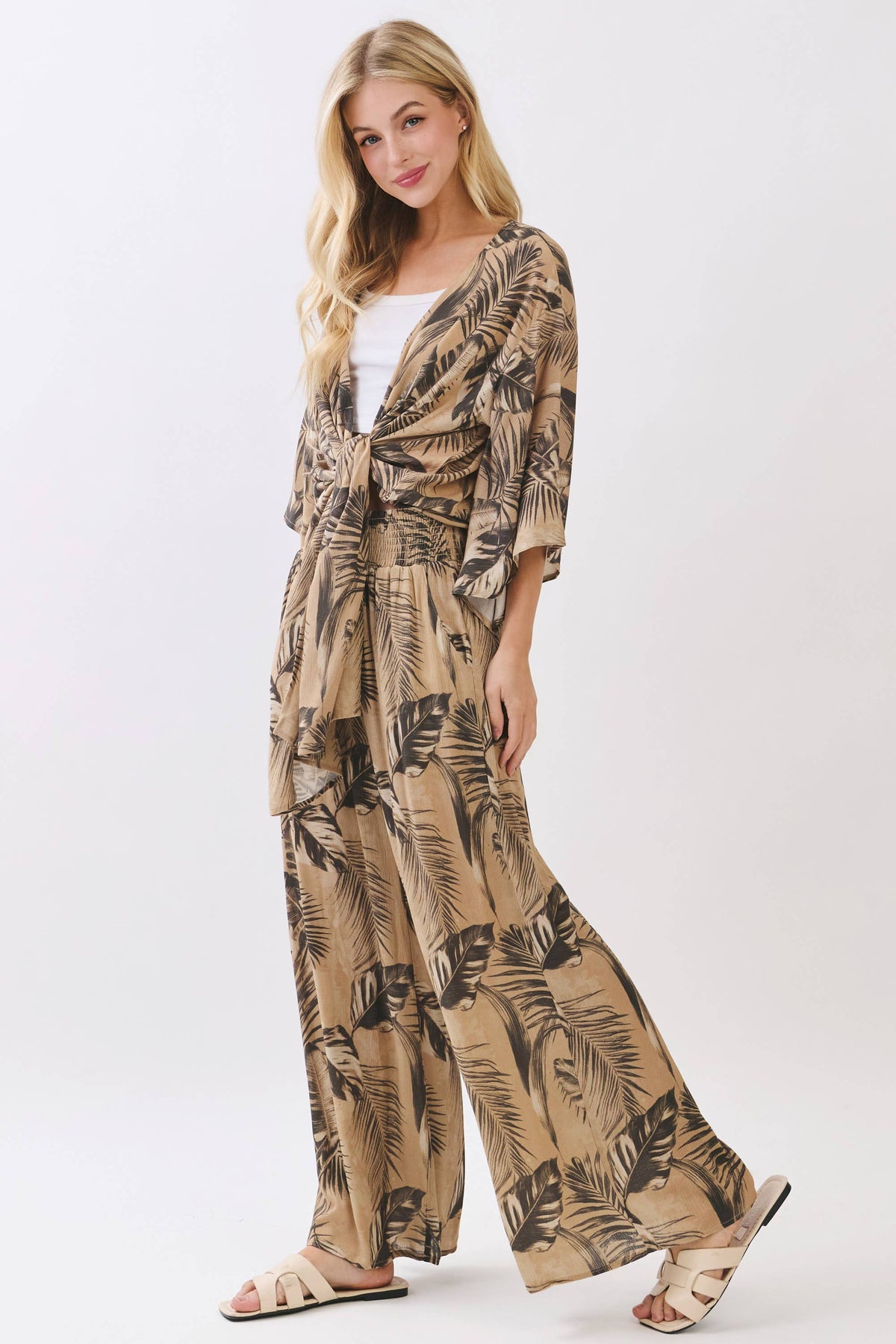 Leaf Print Smock Waist Pants