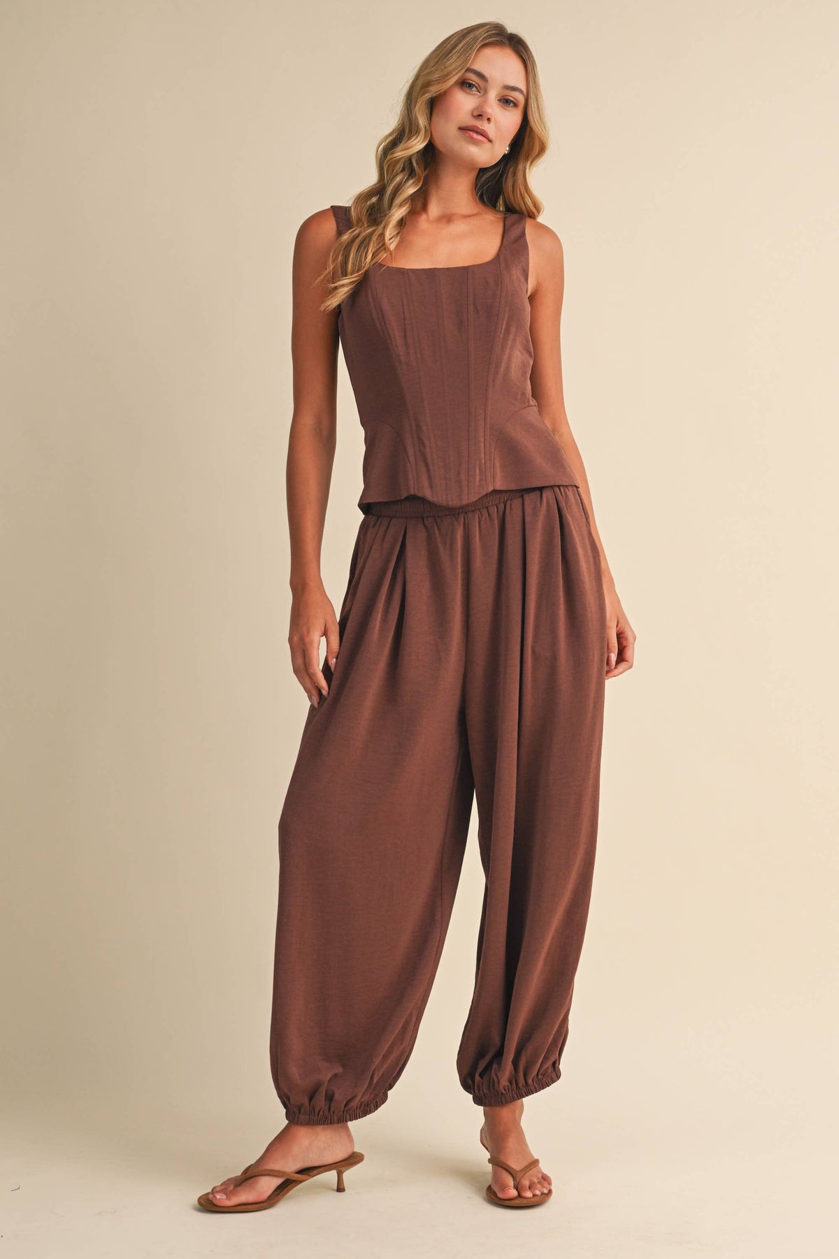 SATIN-LIKE STRUCTURE CORSET TOP AND BALLOON PANTS (sold separately)