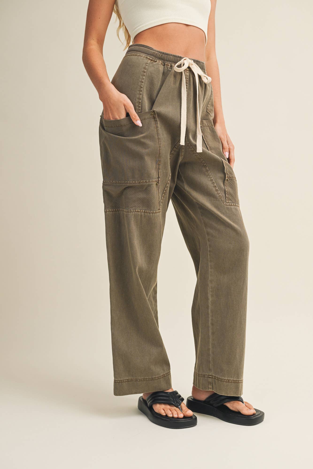 Drawstring Waist Wide Leg Utility Trouser