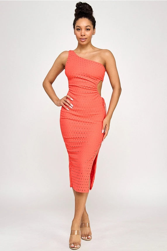 Eyelet One Shoulder Midi Dress