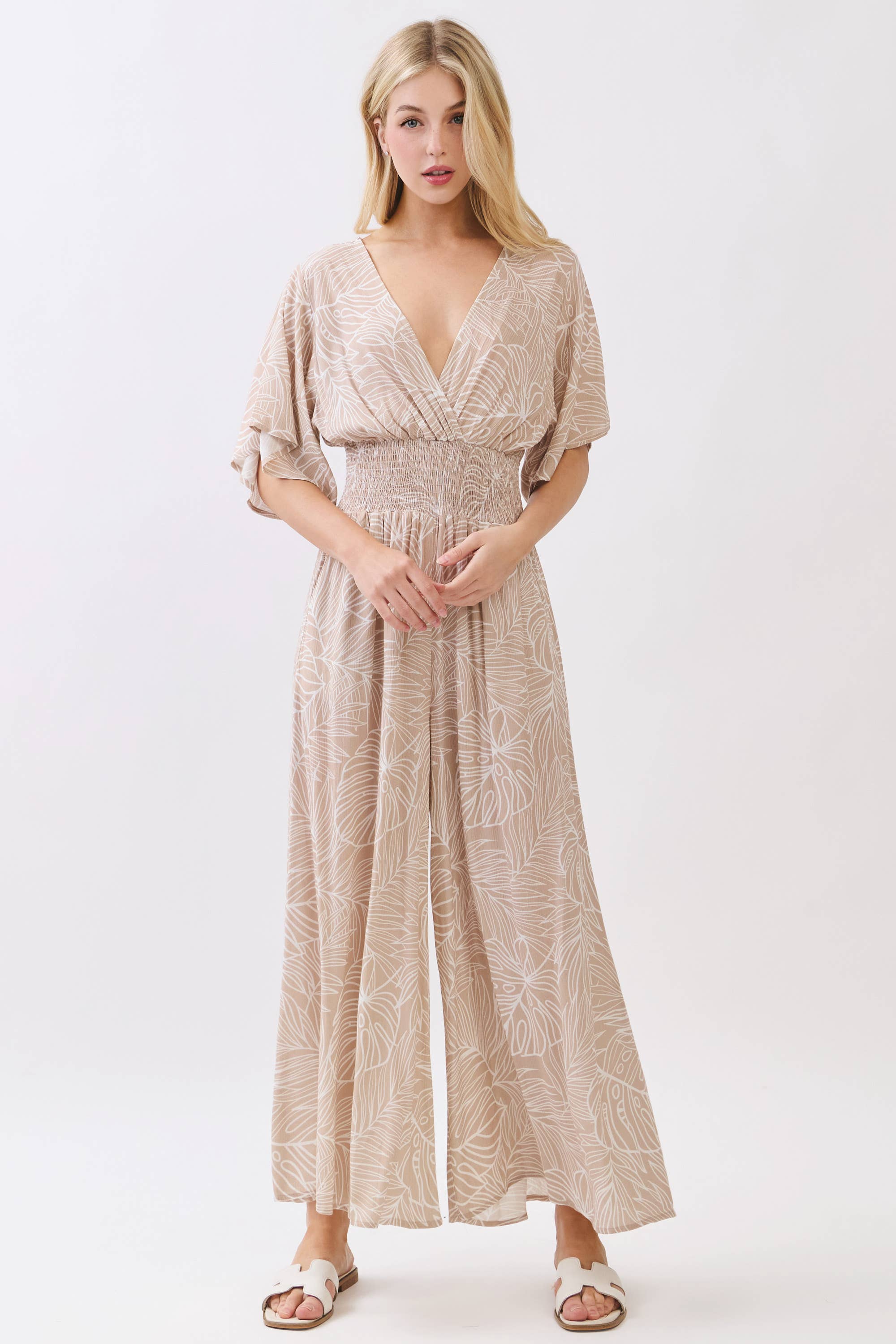 LEAF PRINT SURPLICE WIDE LEG JUMPSUIT