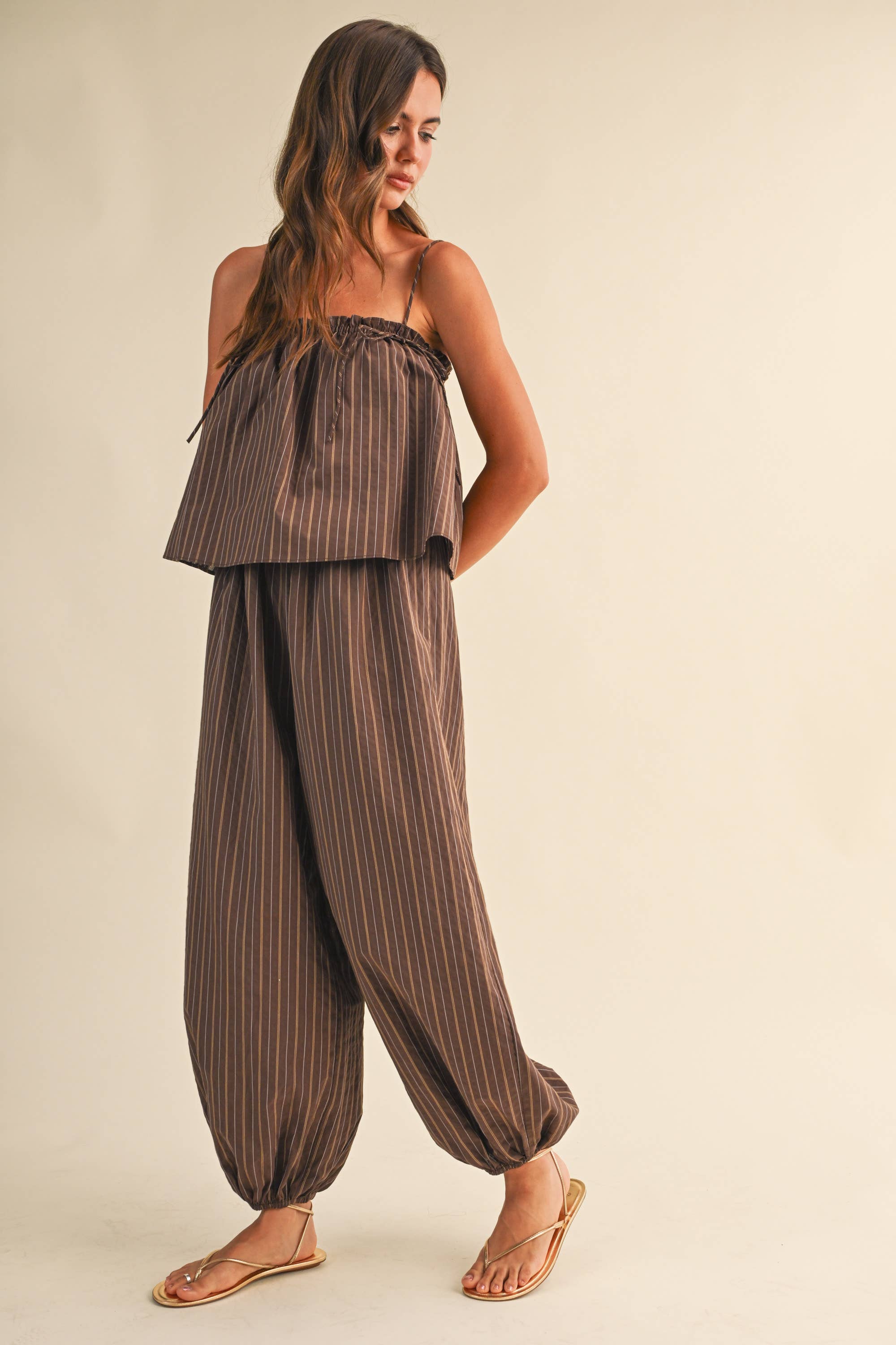 STRIPED SLEEVELESS FLOWY TOP BALLOON PANT JUMPSUIT