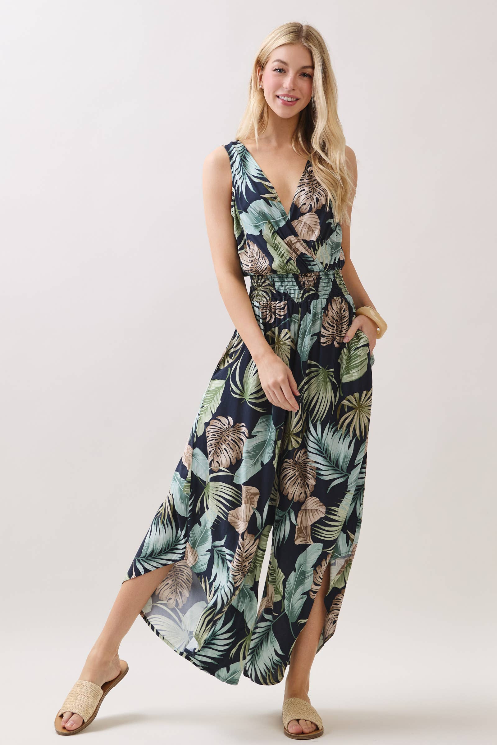 Tropical Surplice Smock Waist Jumpsuit