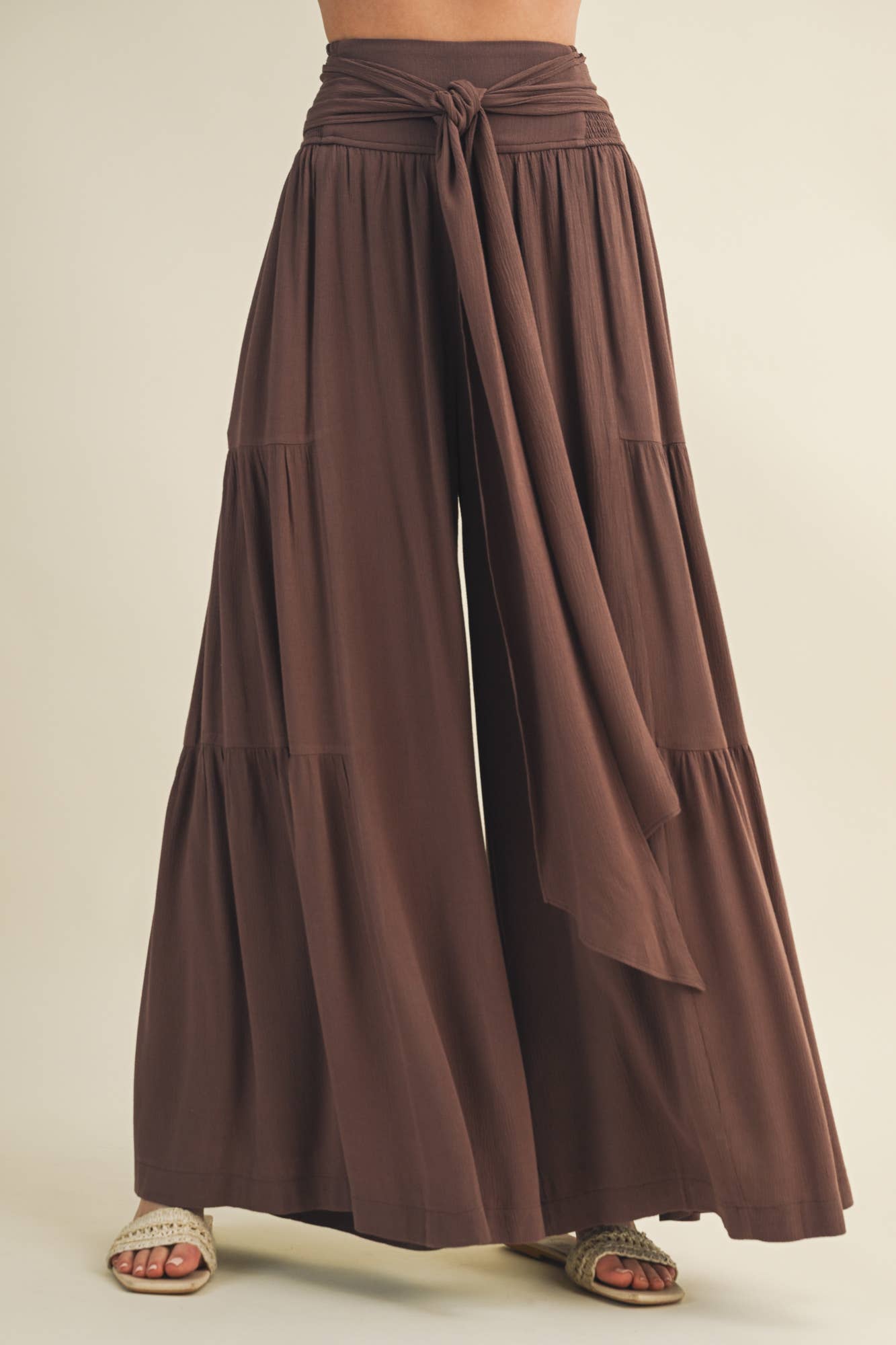 Smocked Tie-Waist Tiered Palazzo Pant