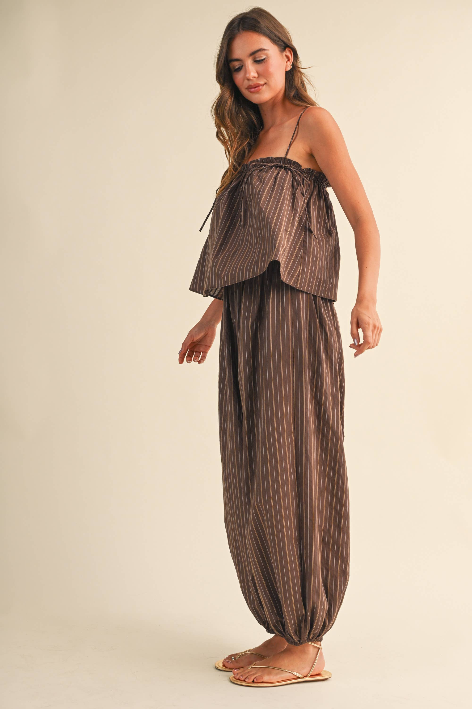 STRIPED SLEEVELESS FLOWY TOP BALLOON PANT JUMPSUIT