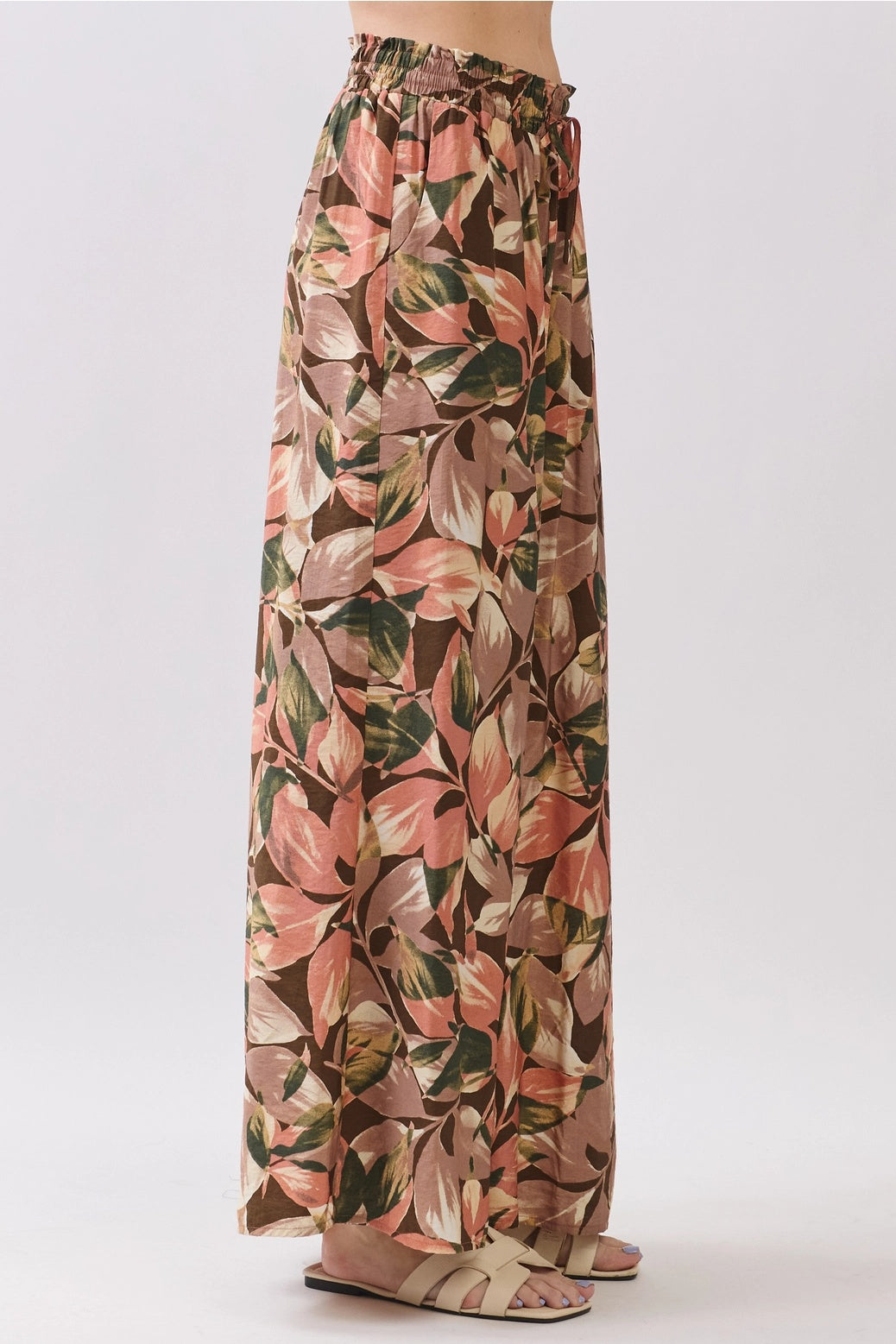 Leaf Print Drawstring Tie Waist Pants