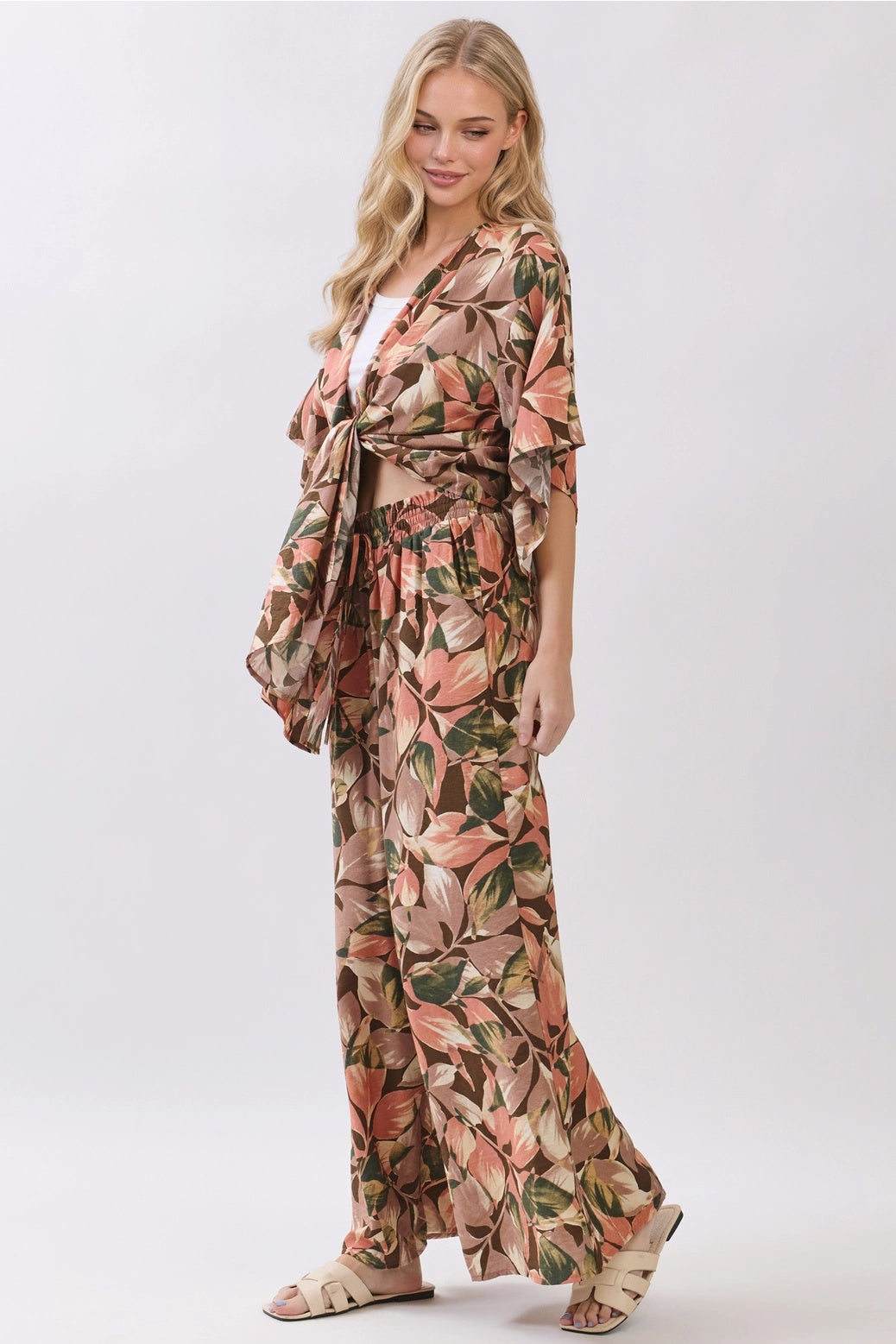 Leaf Print Drawstring Tie Waist Pants