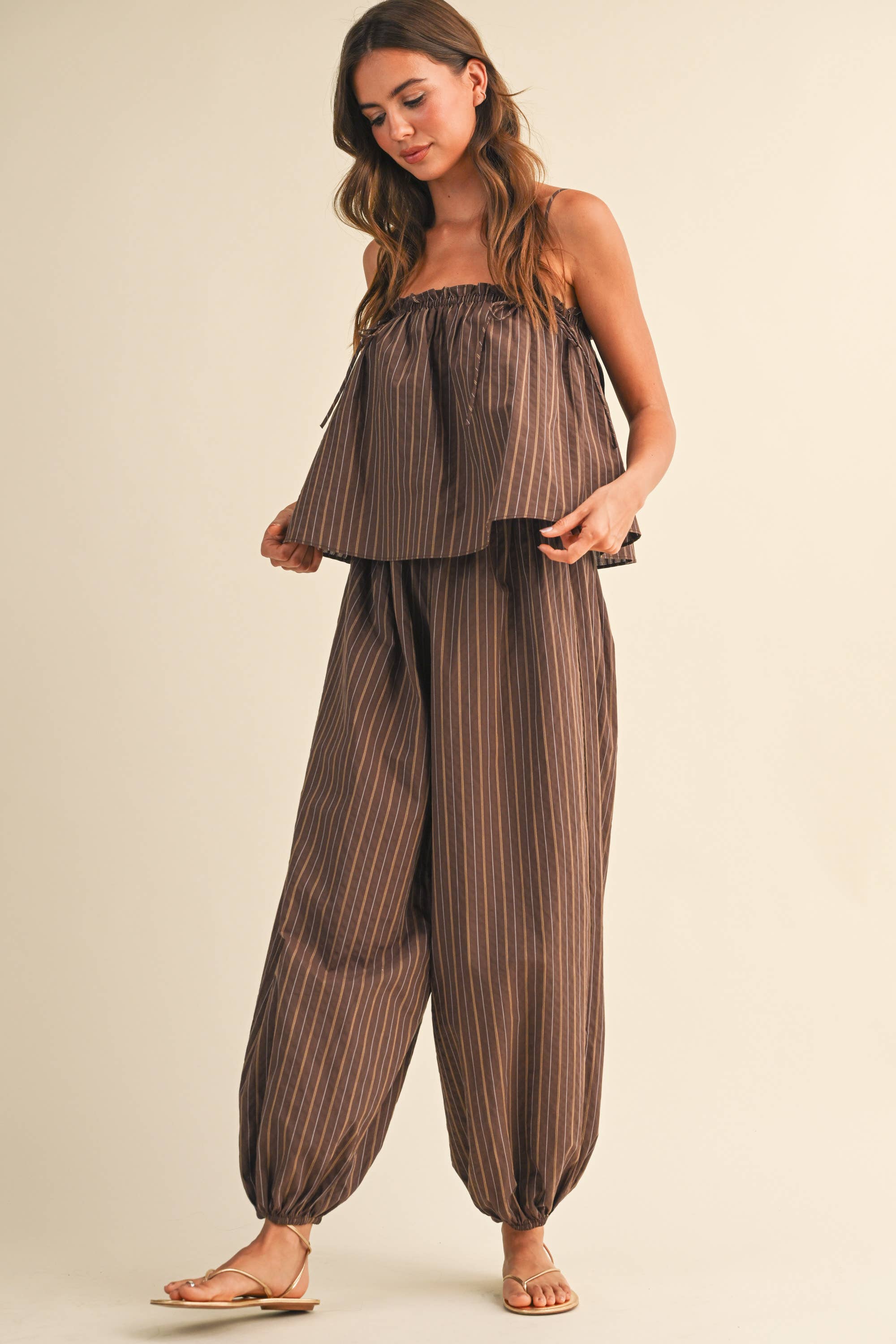 STRIPED SLEEVELESS FLOWY TOP BALLOON PANT JUMPSUIT