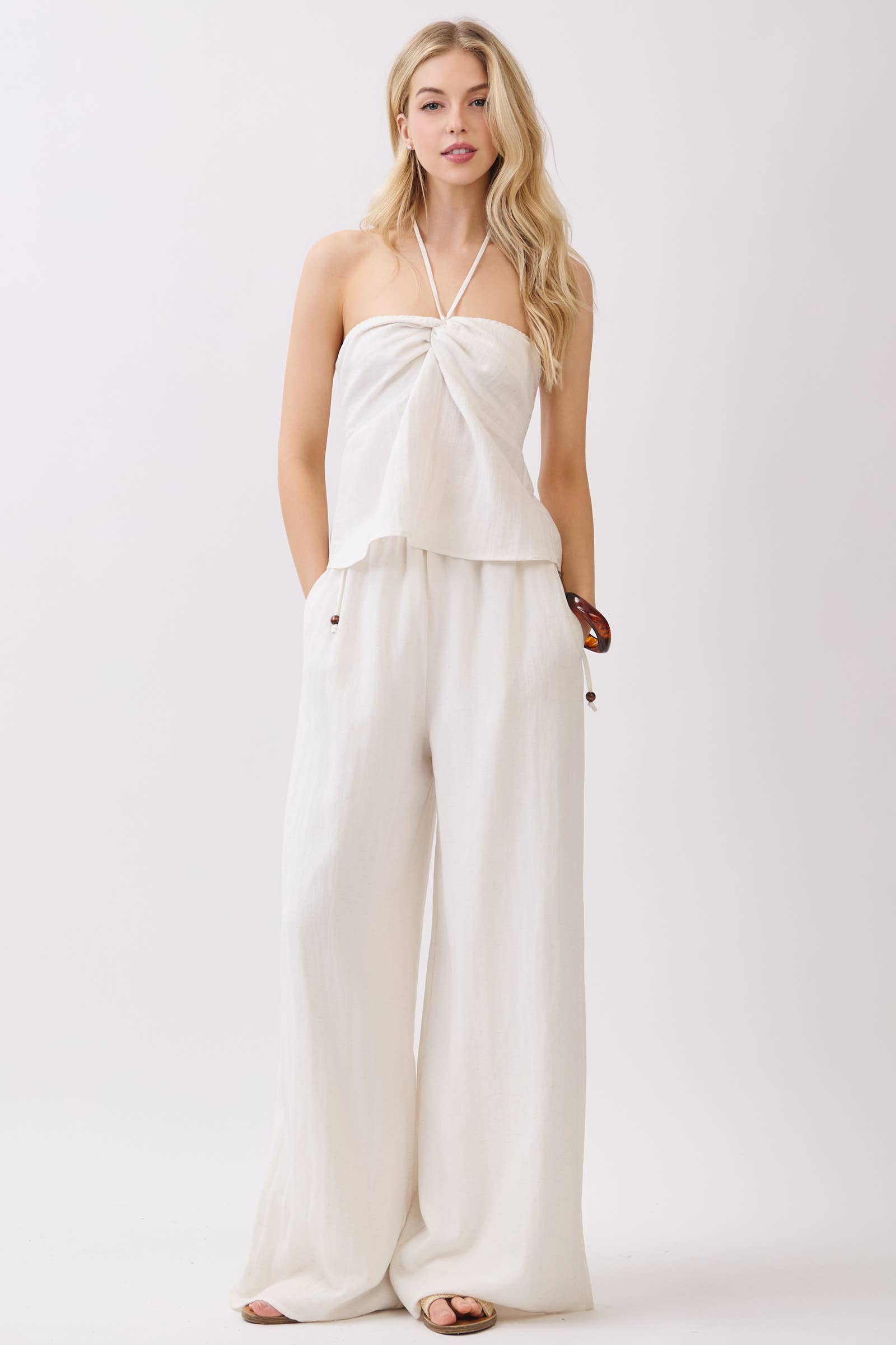 Beaded Side Tie Wide Leg Pants