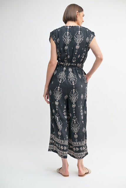 Border Print V-Neck Jumpsuit