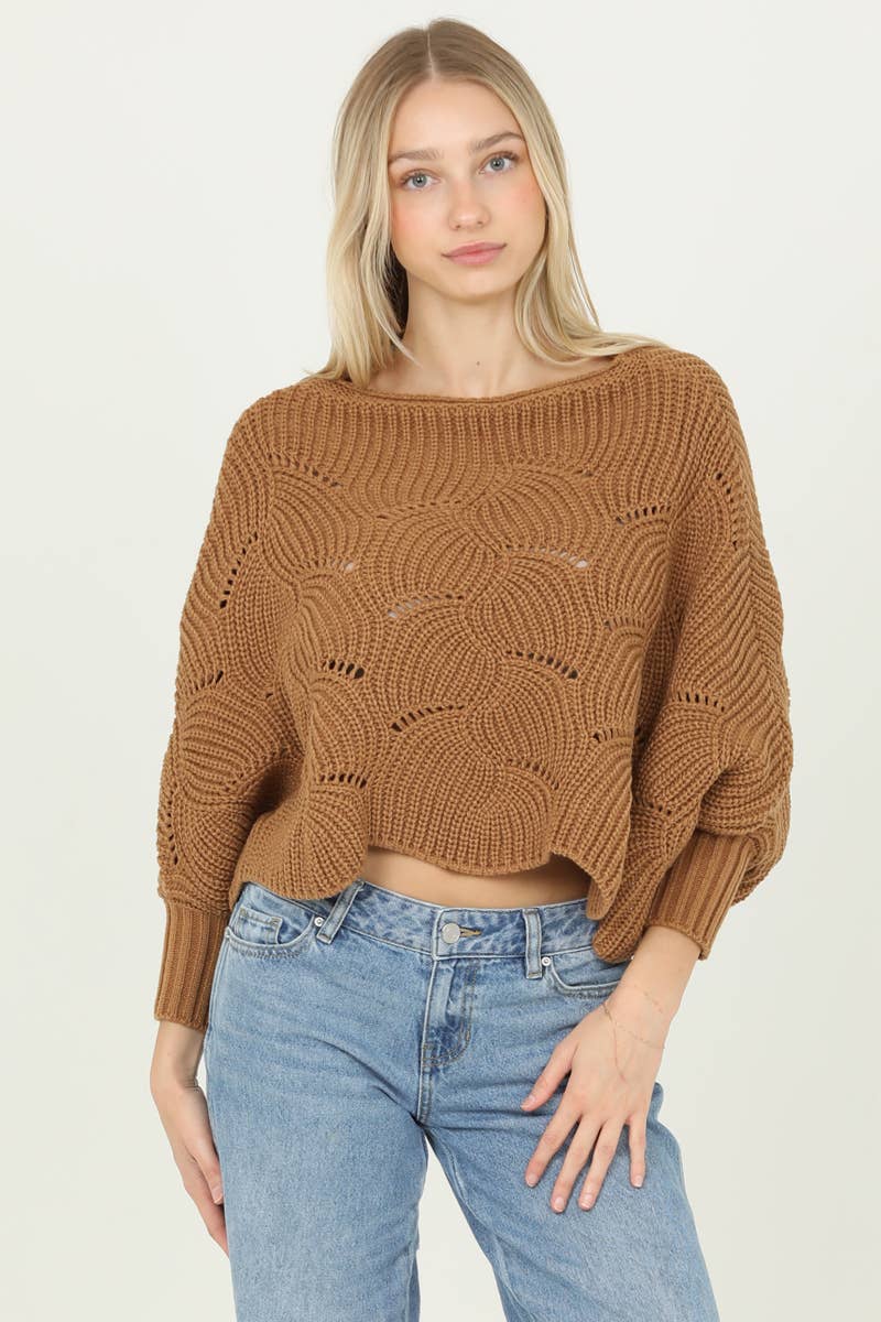 Cable Knit Scalloped Batwing Sweater