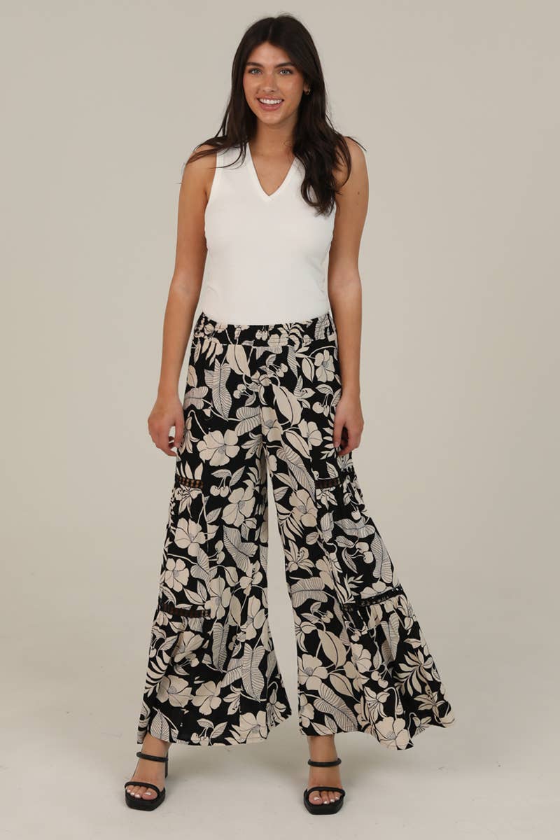 FLORAL WIDE LEG PANTS WITH LACE INSERTS