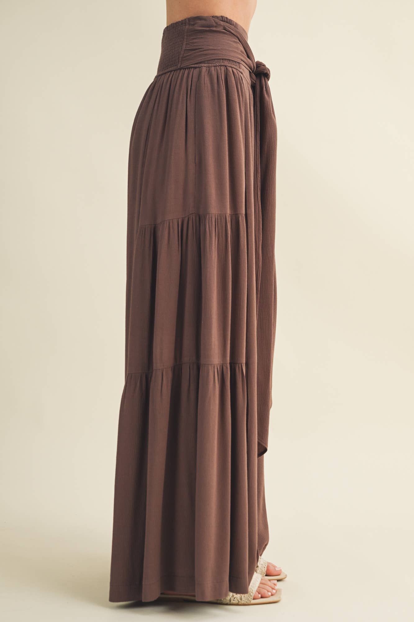 Smocked Tie-Waist Tiered Palazzo Pant