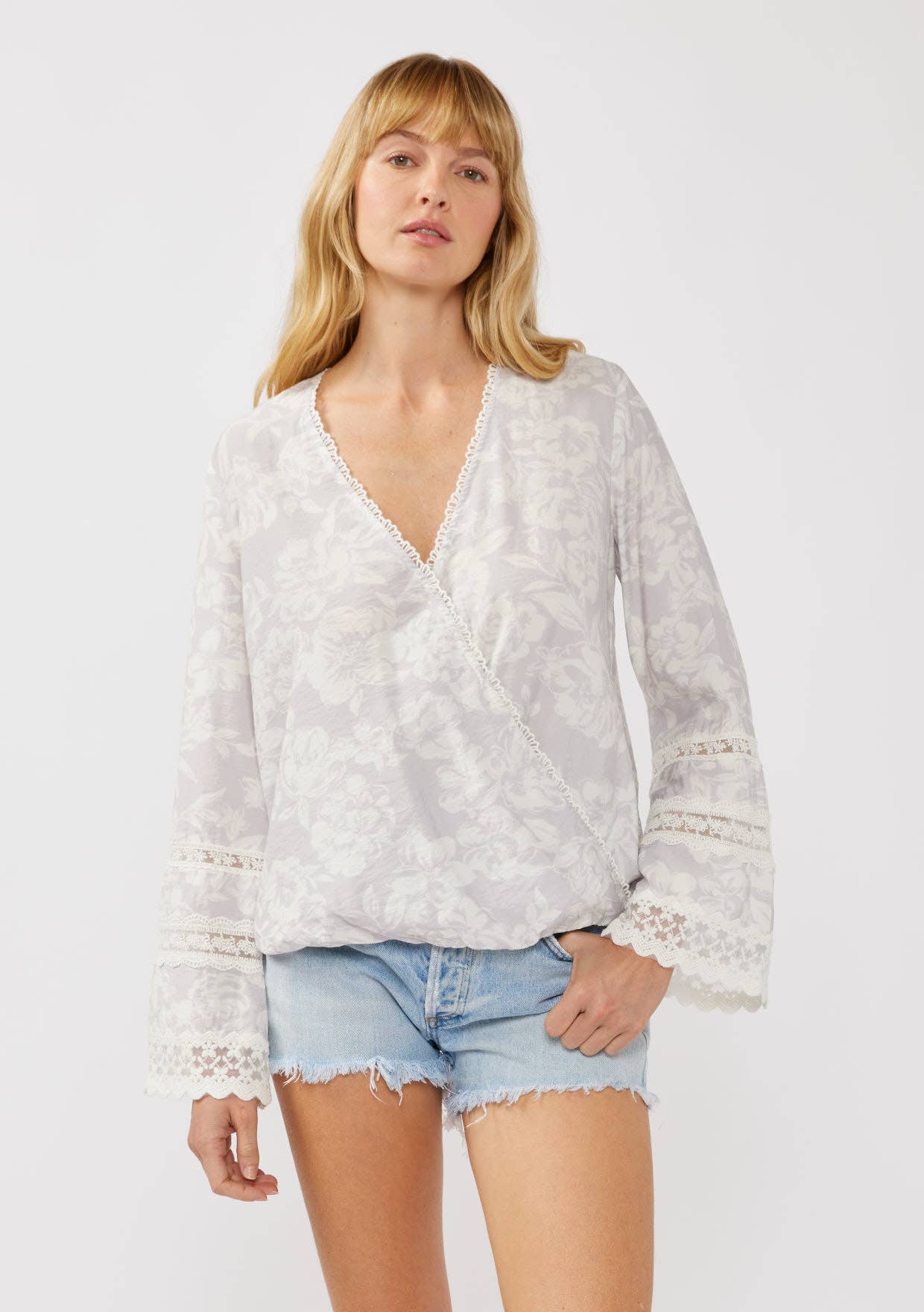 Floral Challis Lace Trim Surplice Top