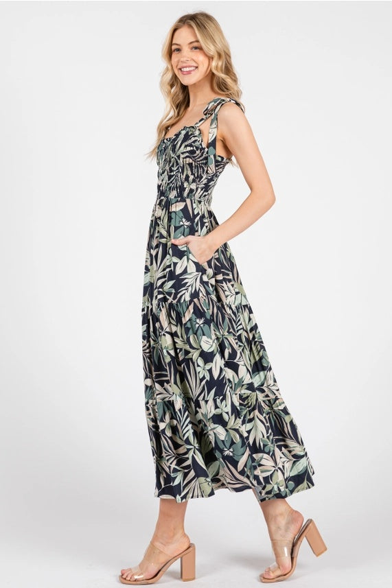 Smocked Tie Strap Midi Dress