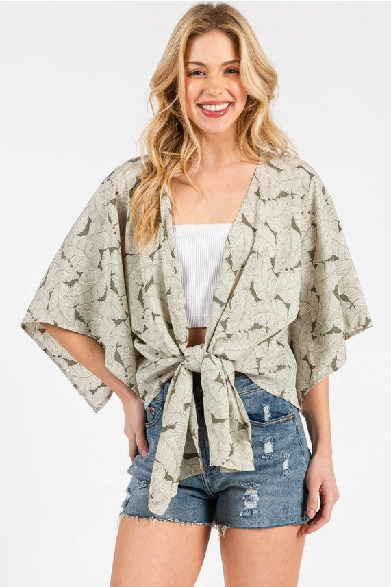 Palm Leaf Print Tie Front Top