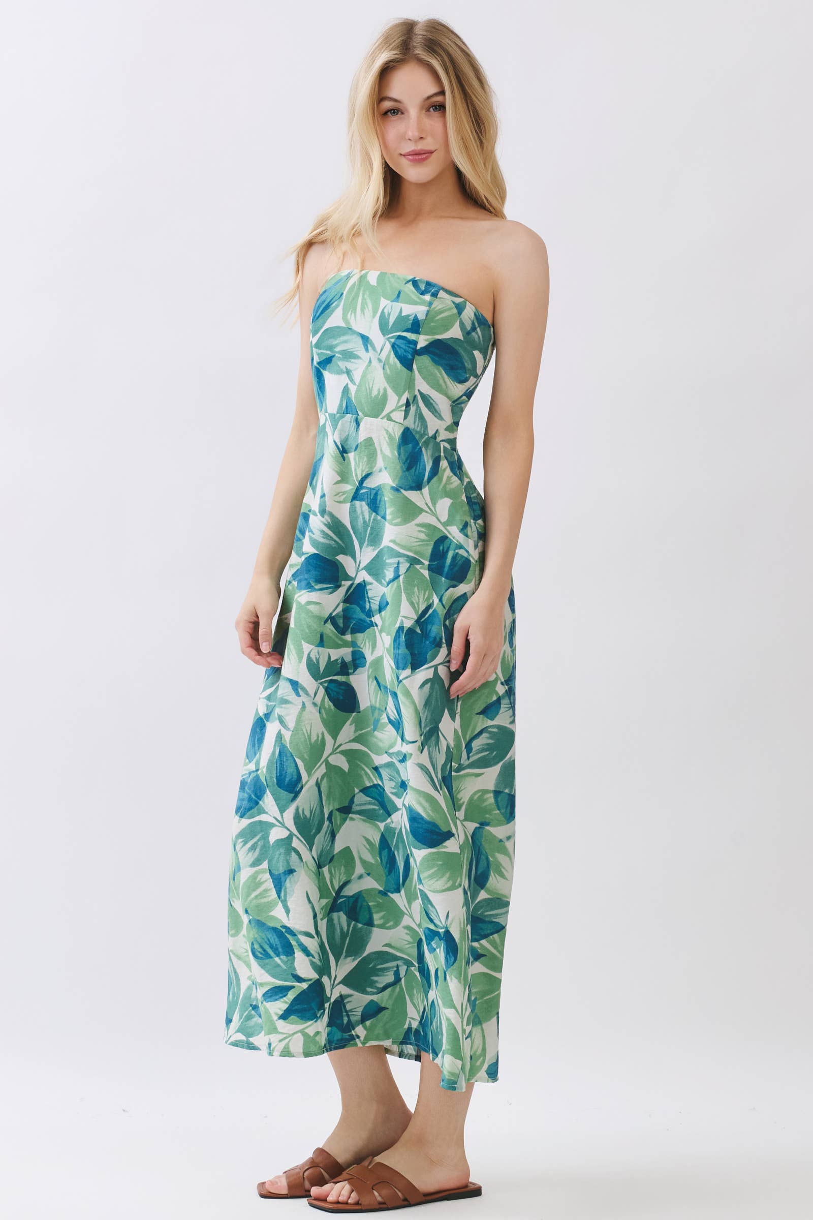 Leaf Print Tube Top Midi Dress