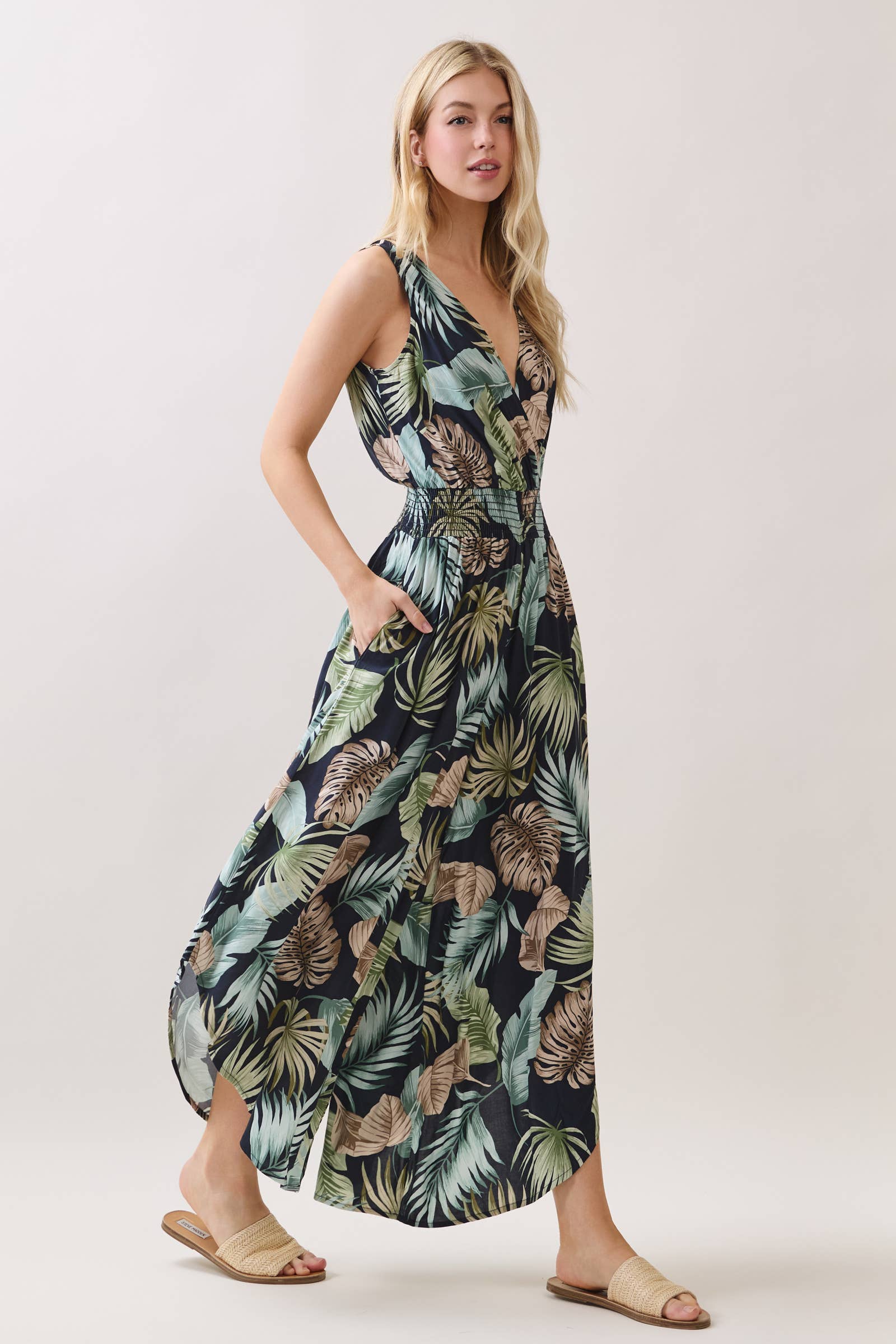 Tropical Surplice Smock Waist Jumpsuit