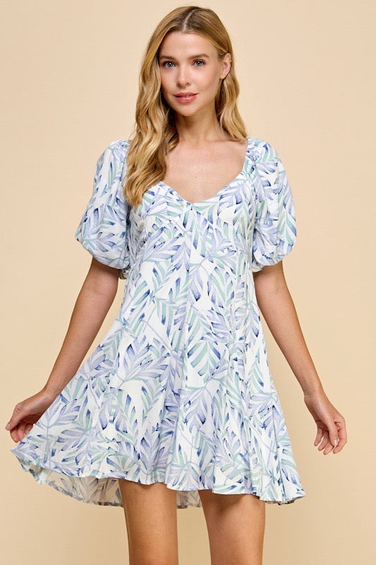 Puff Sleeve Palm Print Dress (FINAL SALE)