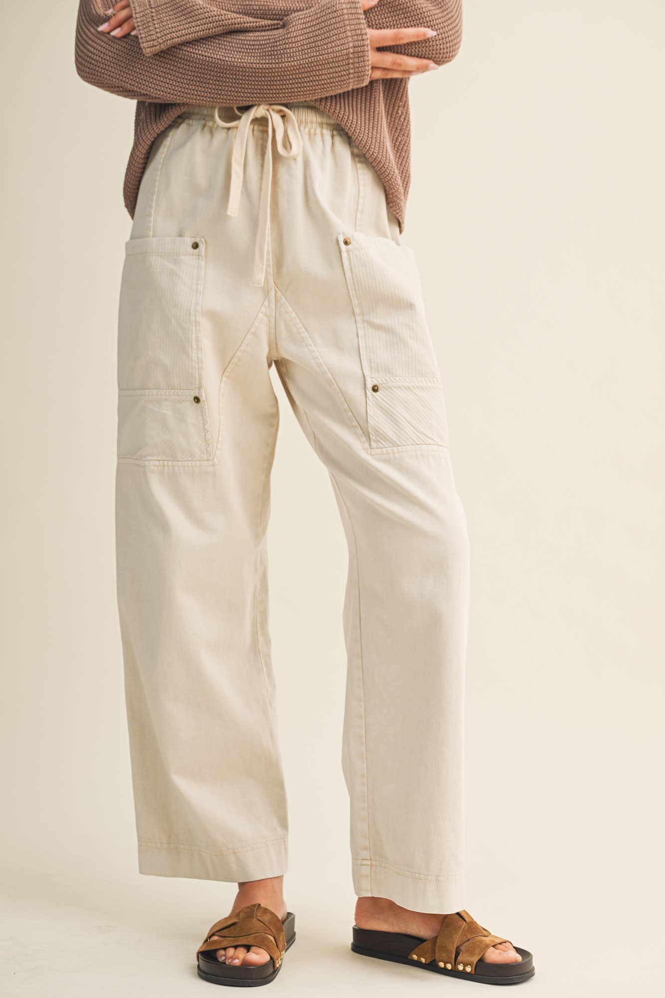 Drawstring Waist Wide Leg Utility Trouser
