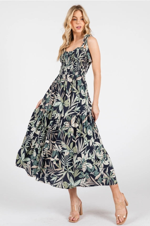 Smocked Tie Strap Midi Dress