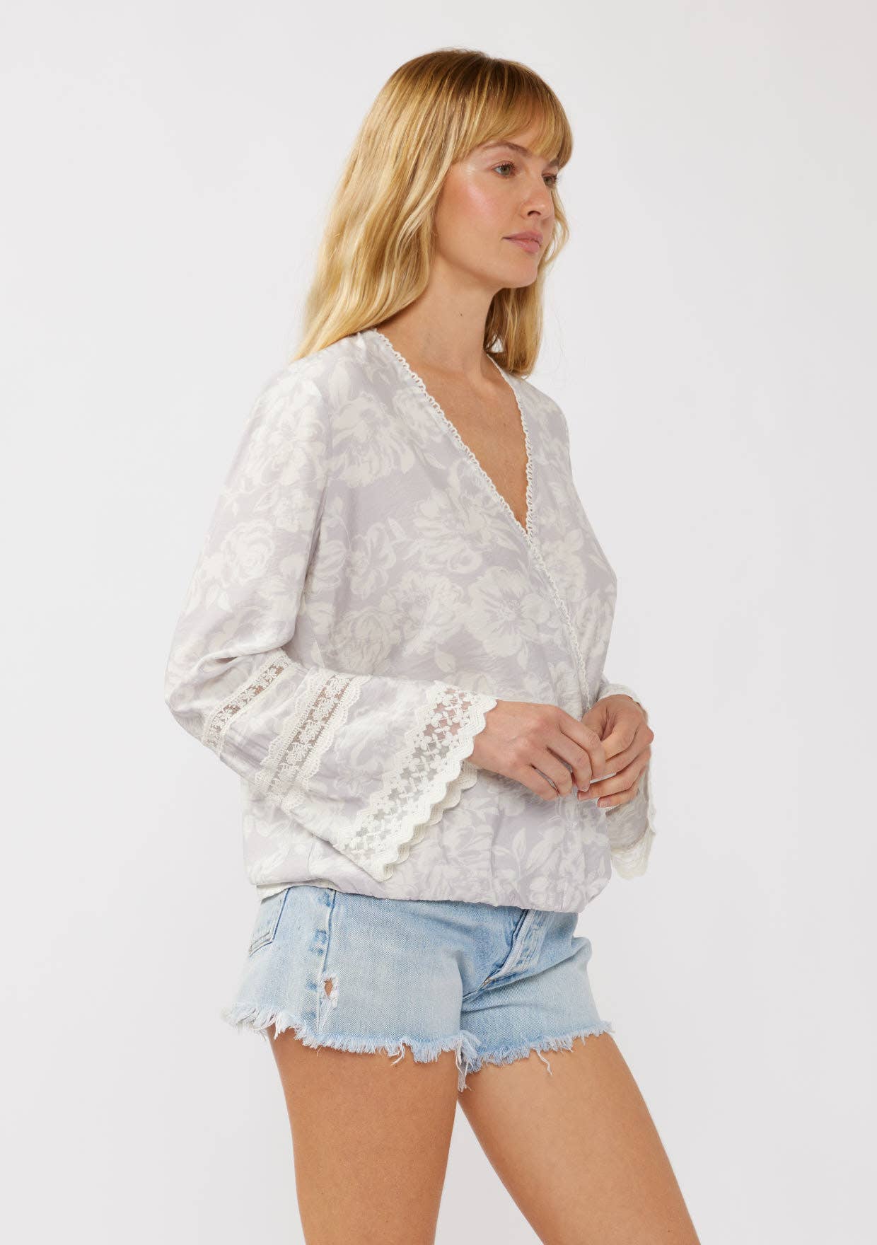 Floral Challis Lace Trim Surplice Top