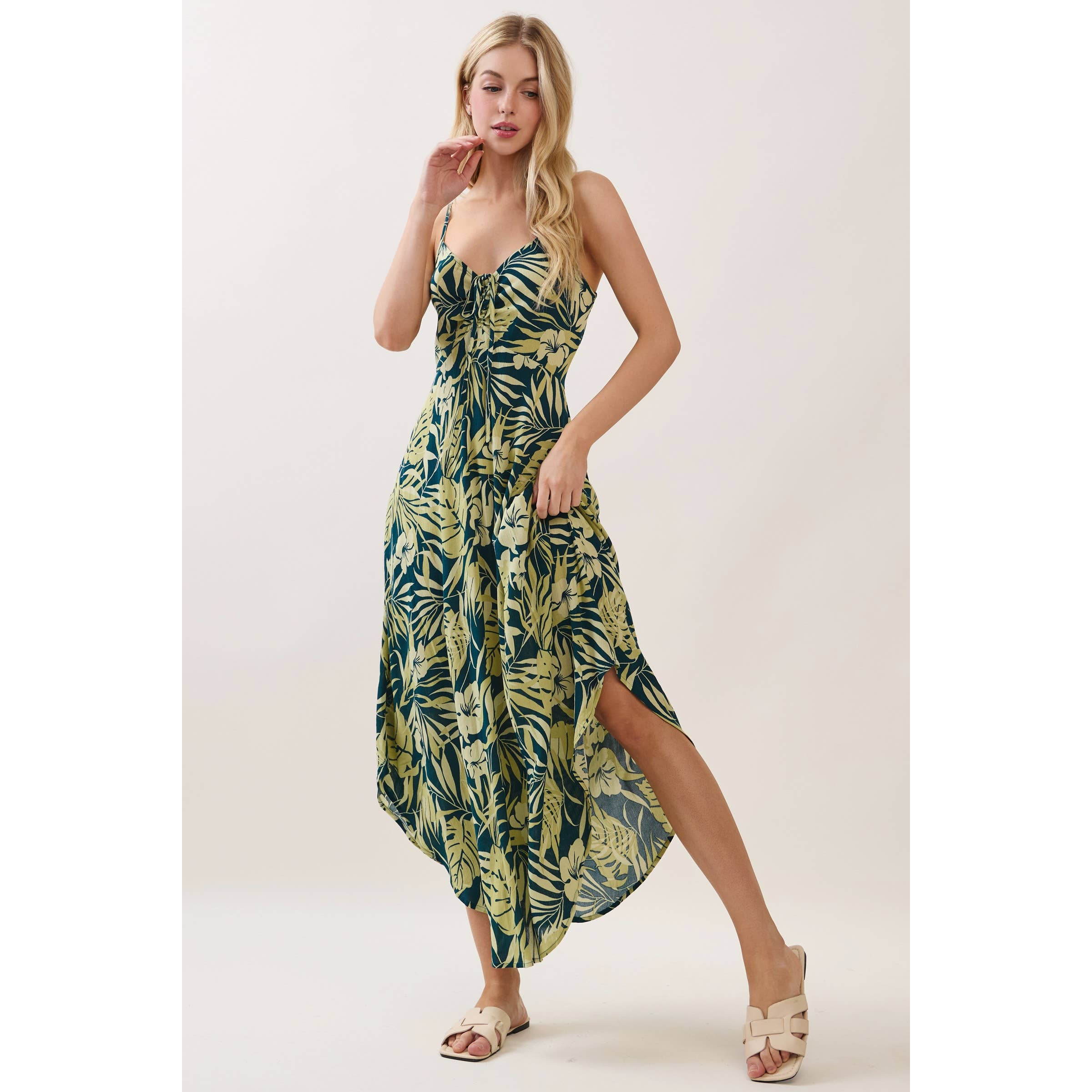Tropical Ruche Bodice Midi Dress