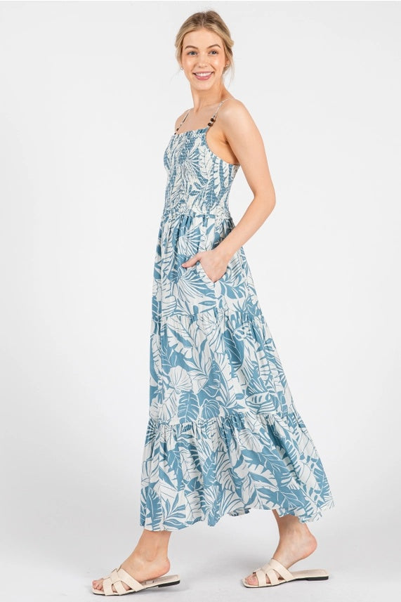 Tropical Smocked Tiered Midi Dress
