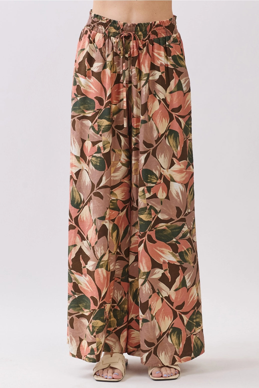 Leaf Print Drawstring Tie Waist Pants